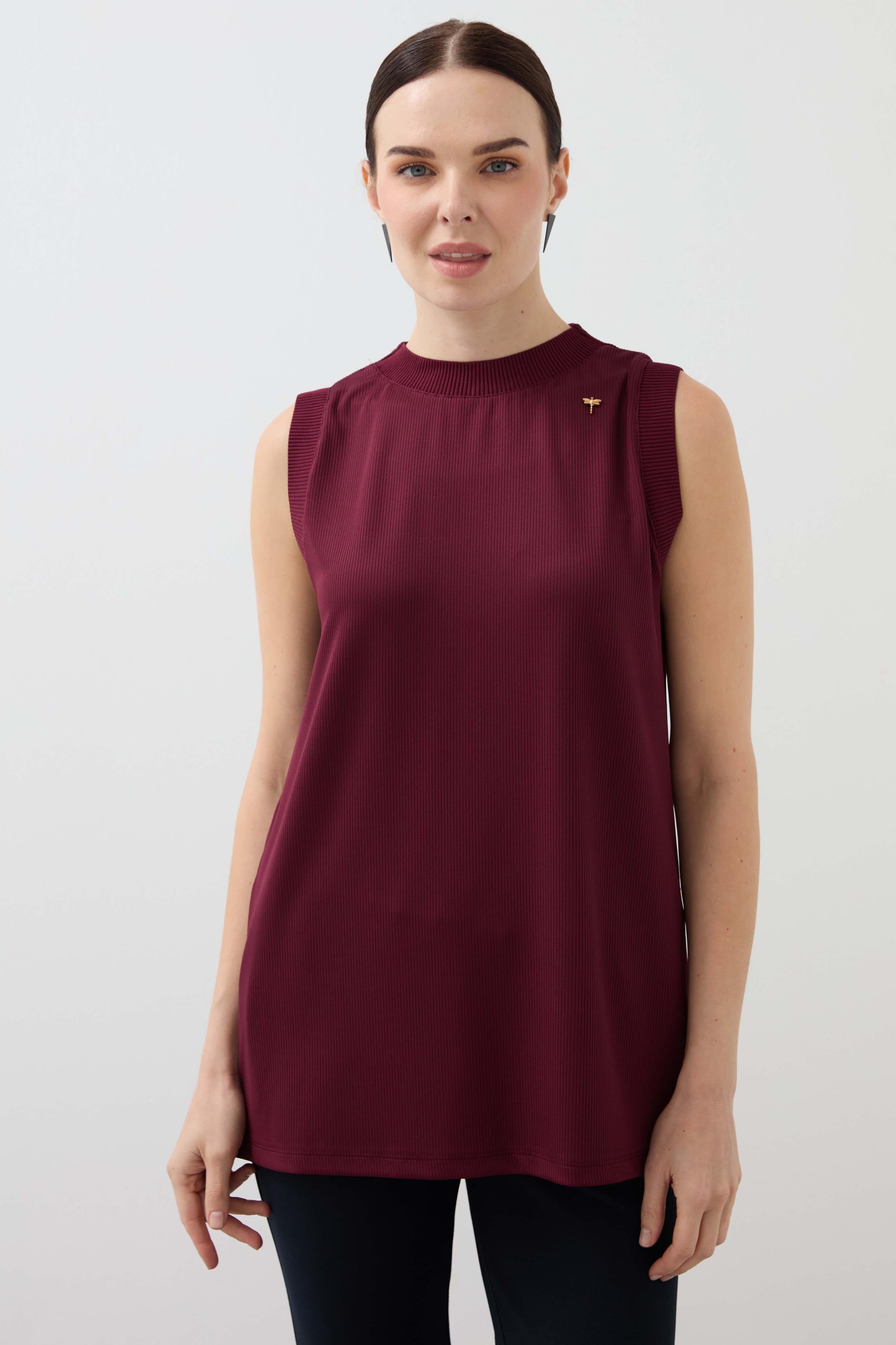Collar Sleeve Ribbed Long Undershirt - Claret Red