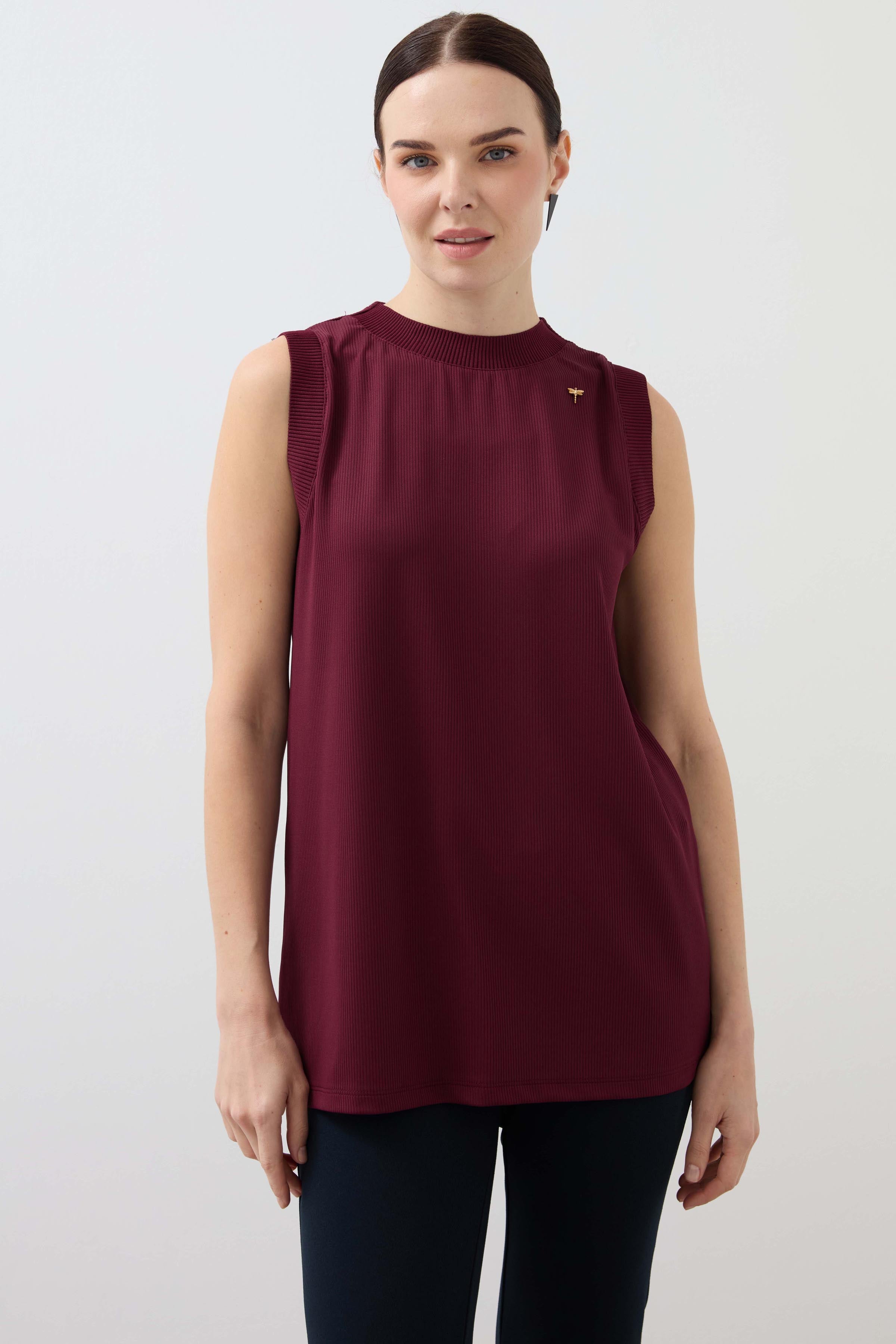 Collar Sleeve Ribbed Long Undershirt - Claret Red
