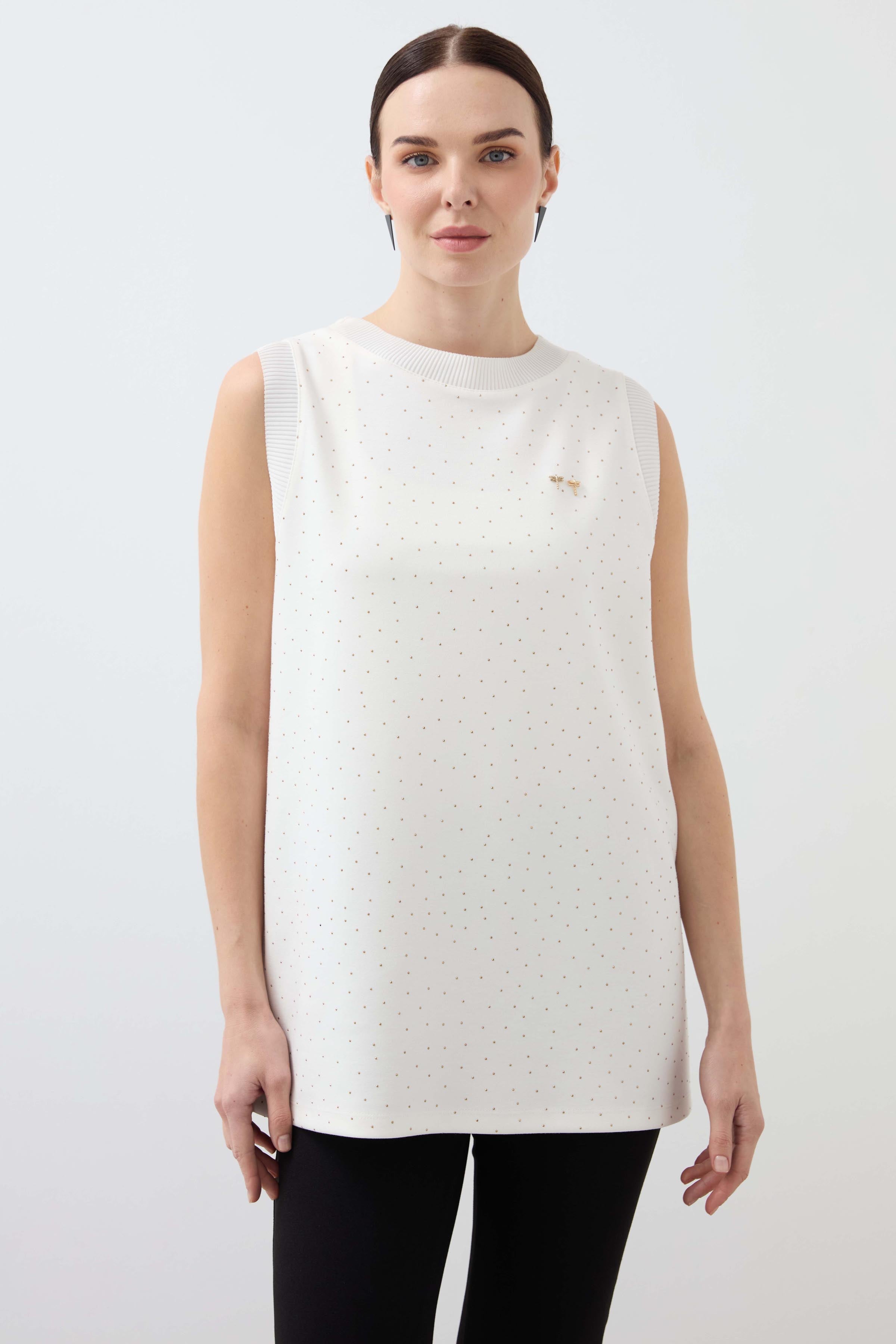 Ribbed Collar Sleeve Stoned Long Undershirt - Ecru