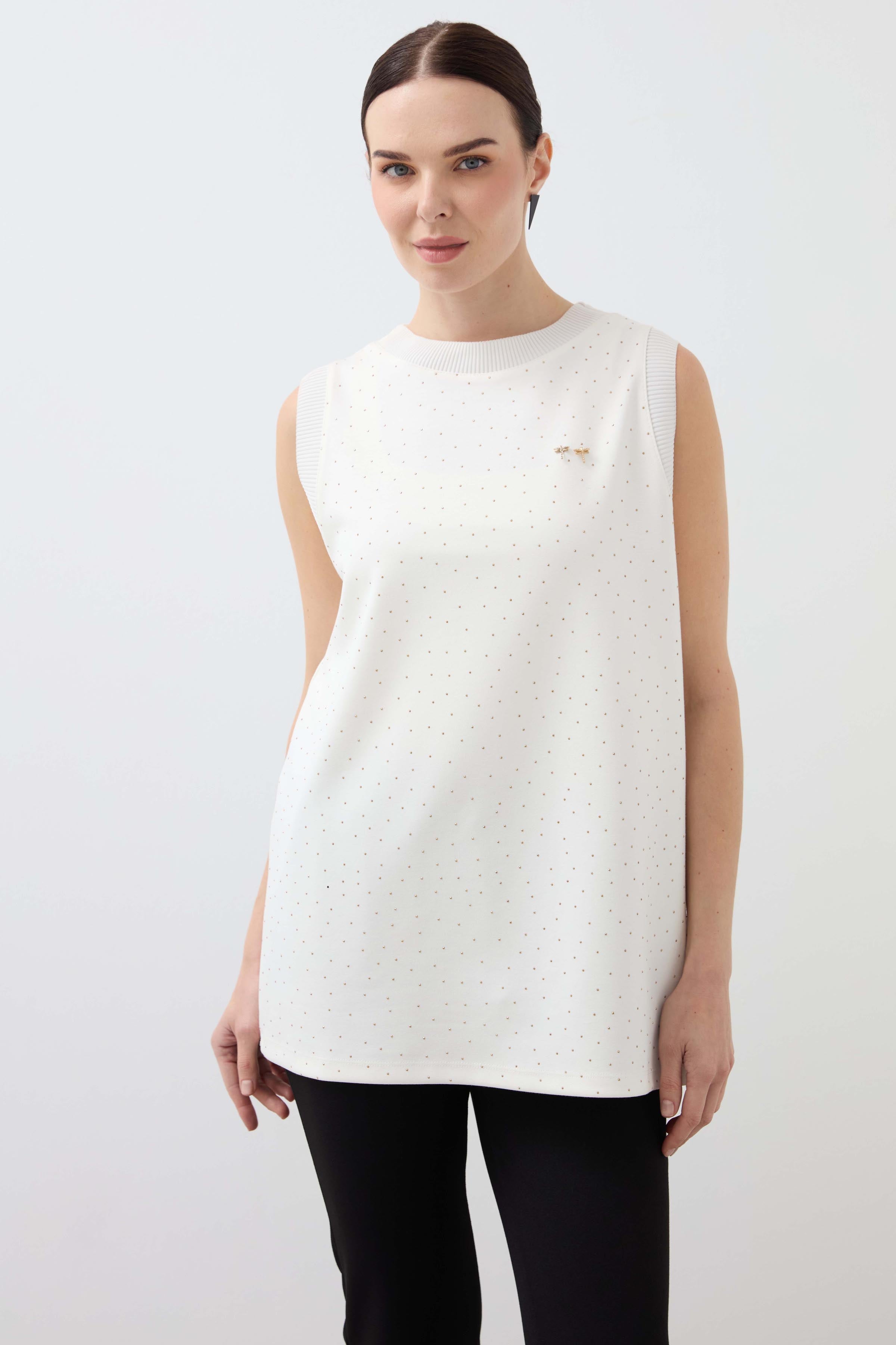 Ribbed Collar Sleeve Stoned Long Undershirt - Ecru