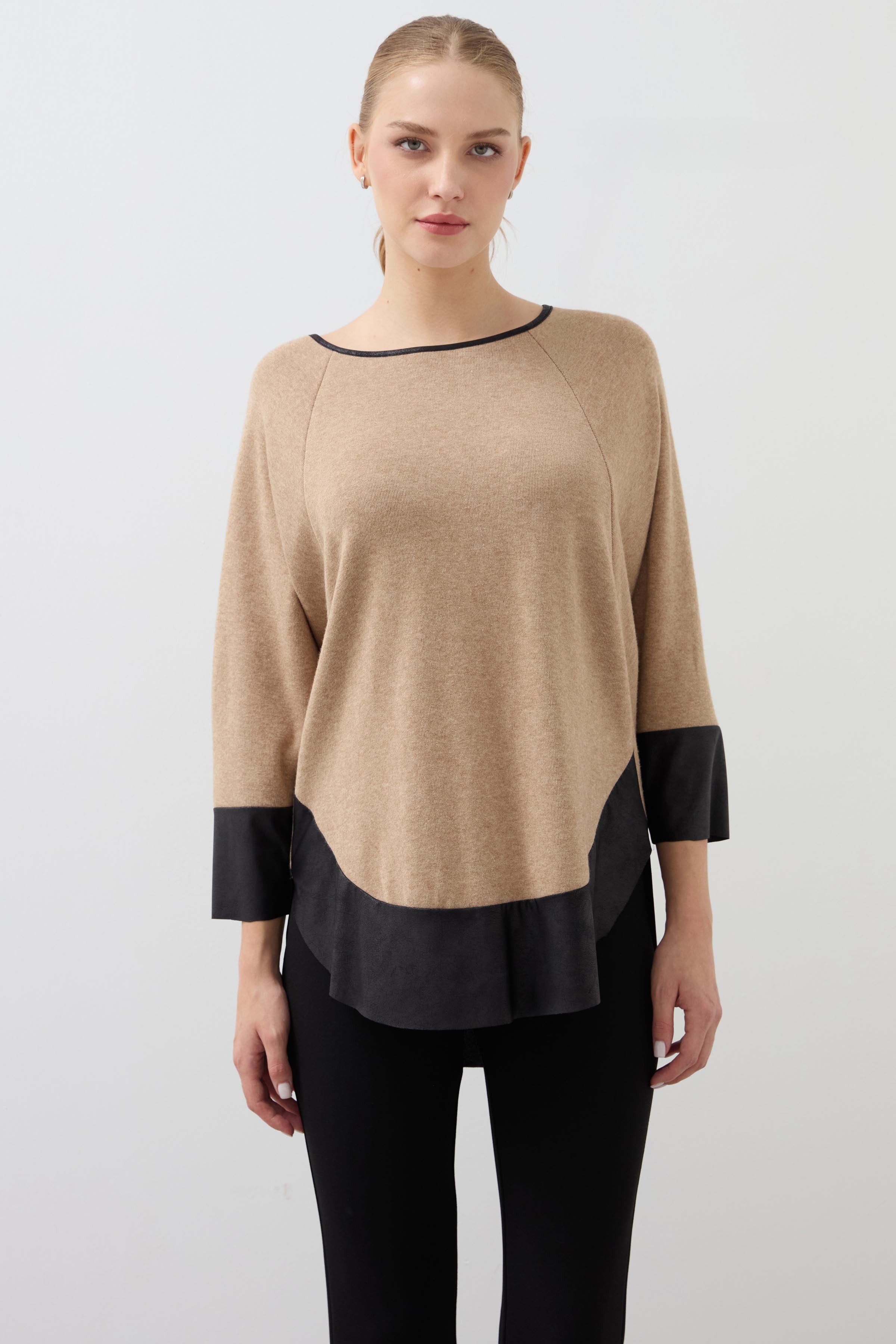 Leather Detailed Knitted Blouse - Stone