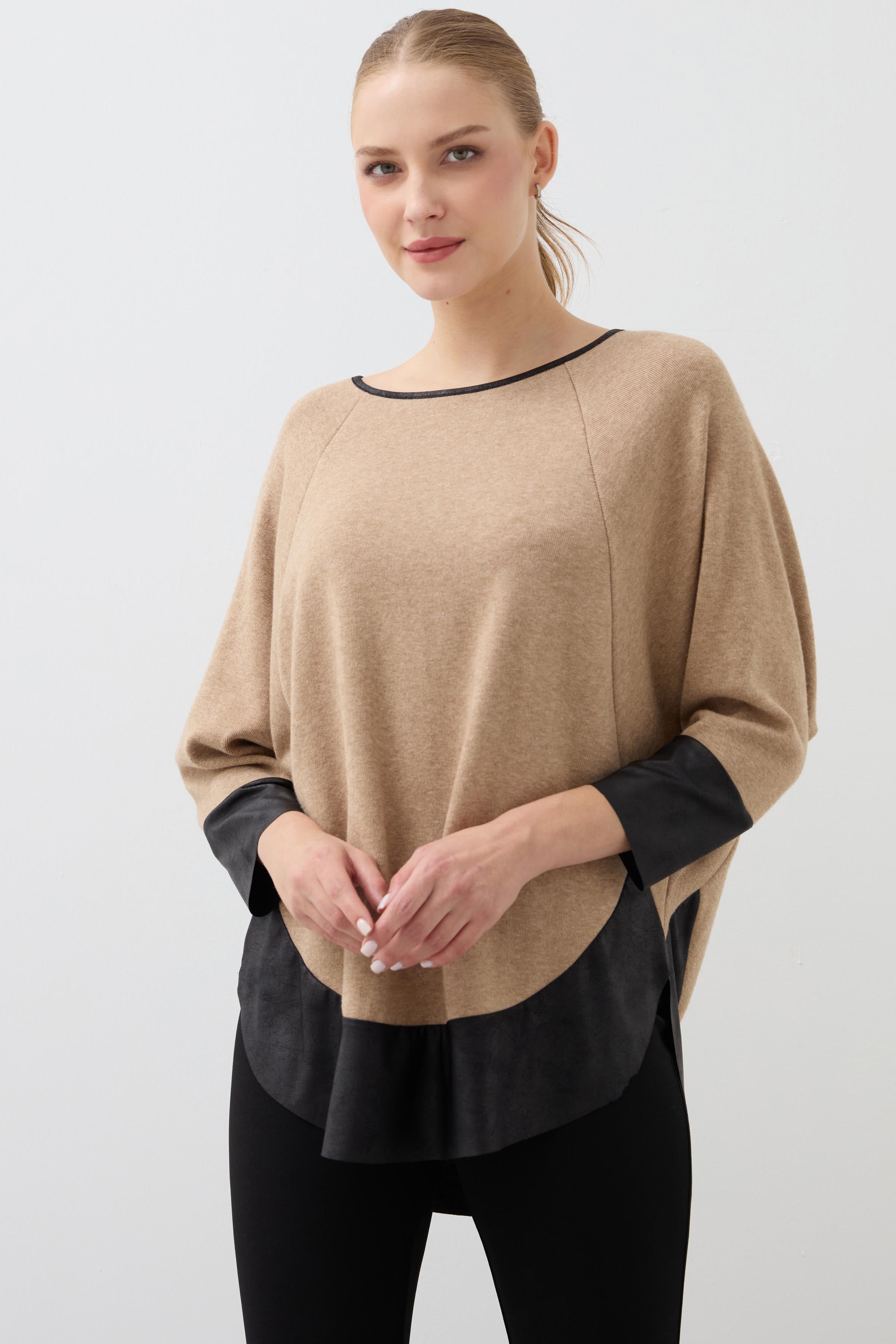 Leather Detailed Knitted Blouse - Stone