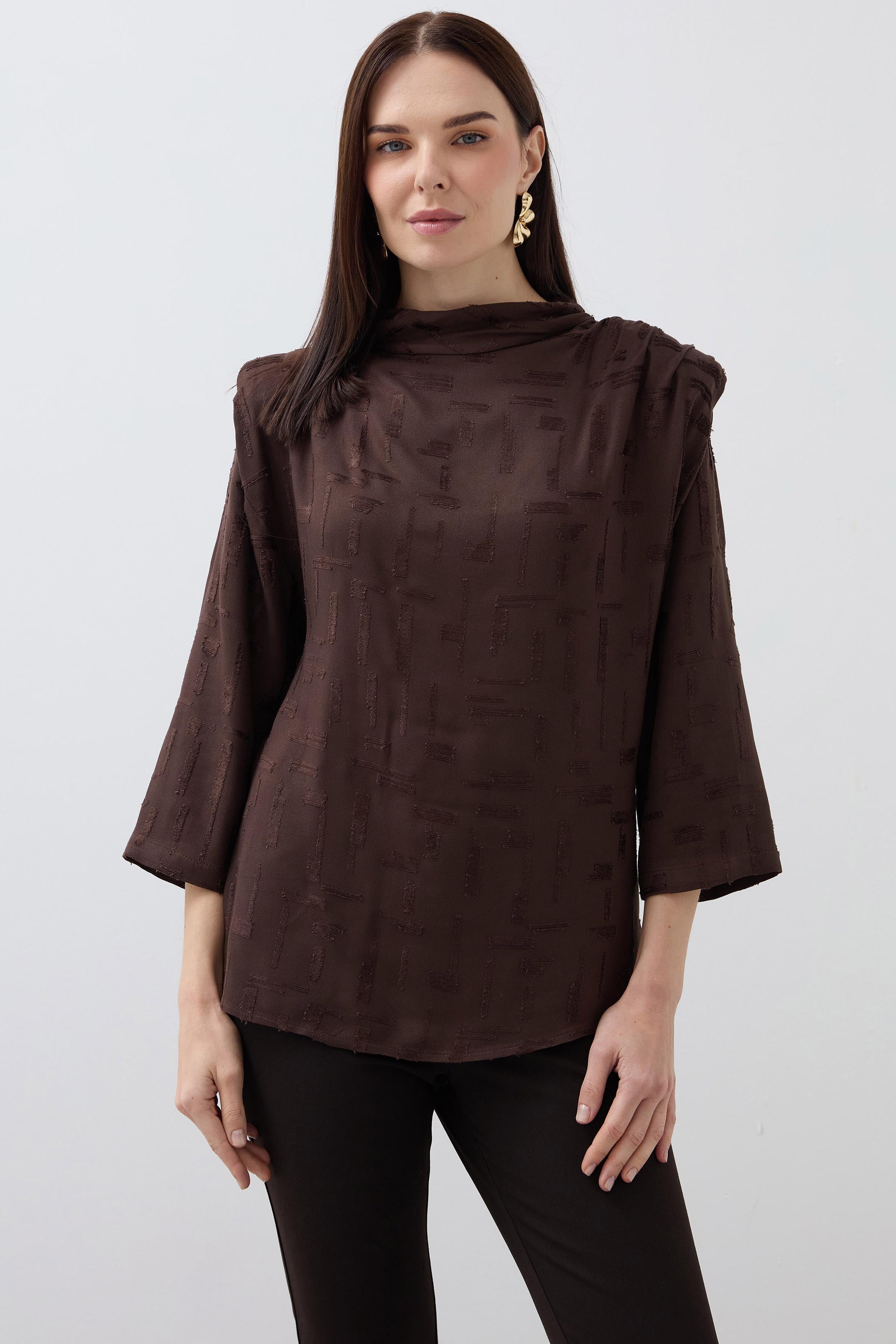 Square Patterned Cowl Neck Blouse with Padded Shoulder Pads - Brown