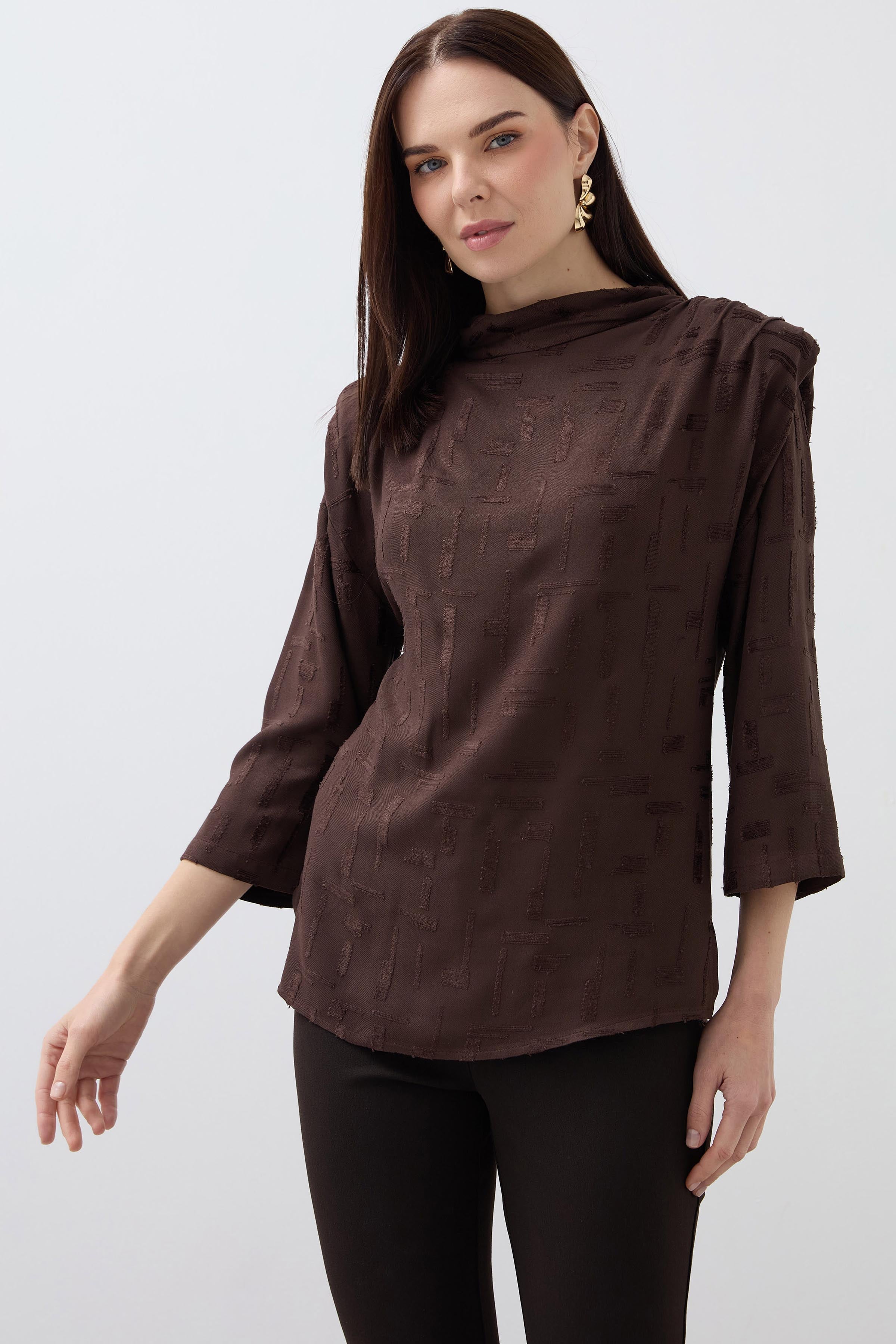 Square Patterned Cowl Neck Blouse with Padded Shoulder Pads - Brown