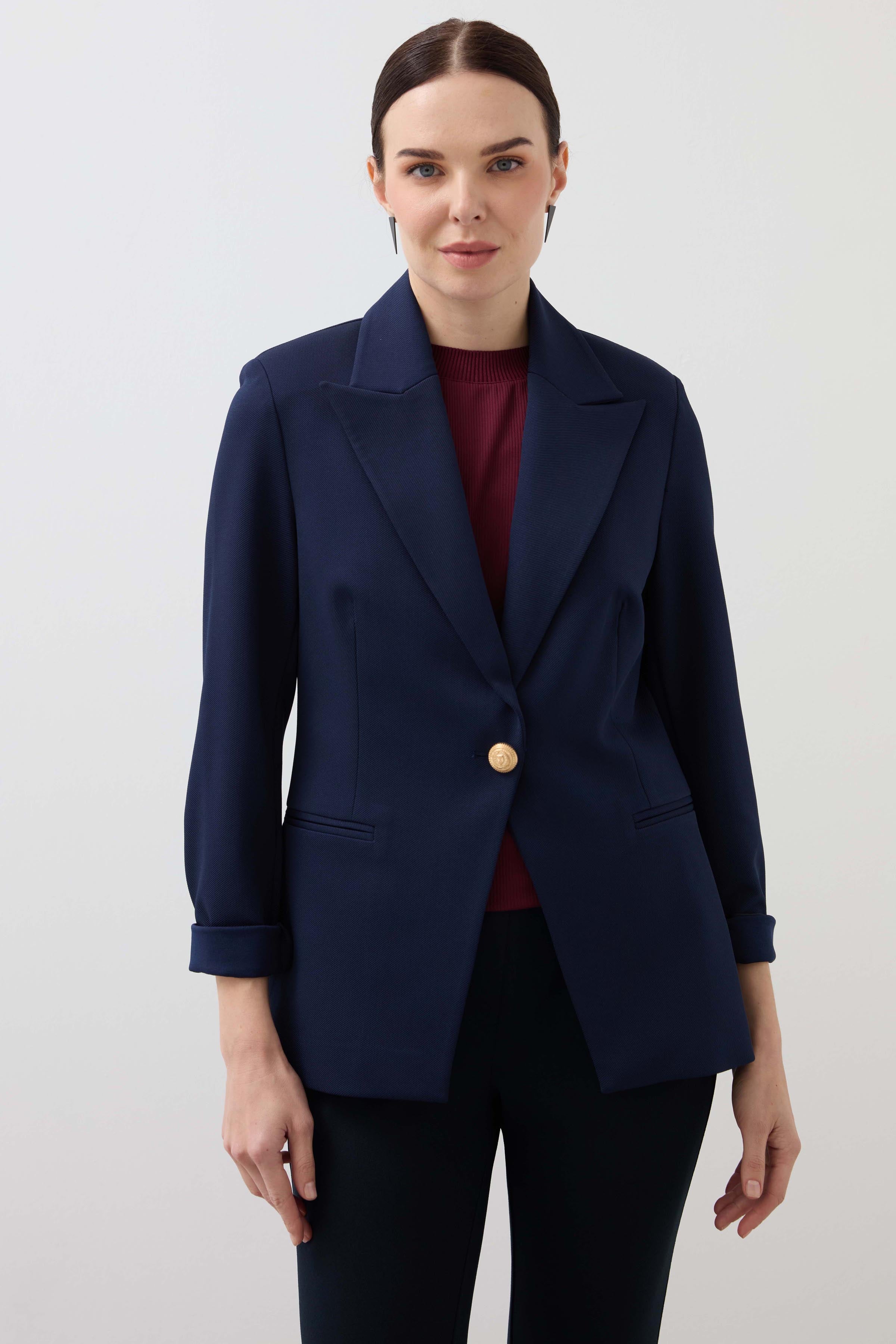 Mono Collar Single Button Jacket - Navy Blue