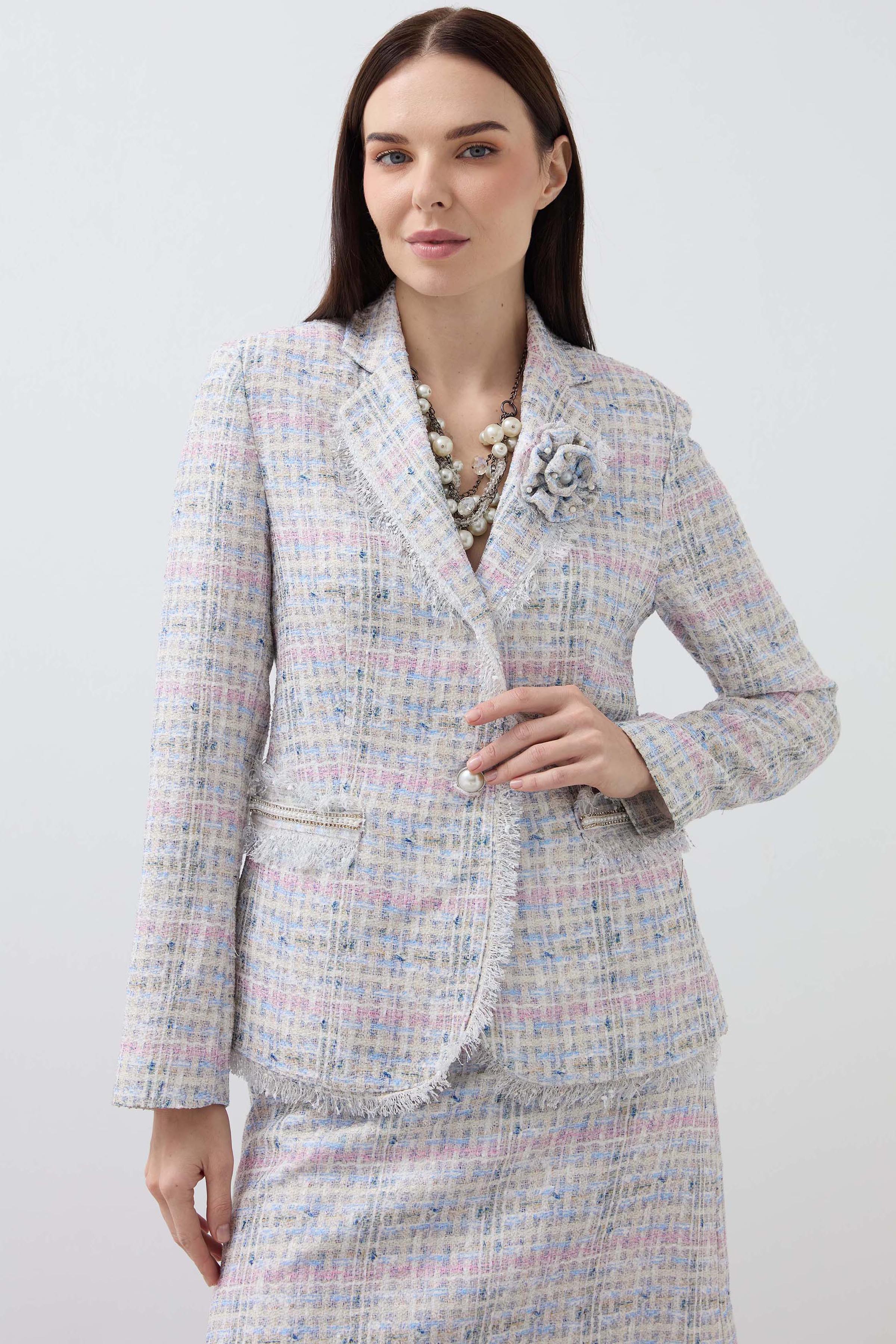 Plaid Ruffle Mono Collar Jacket - Blue