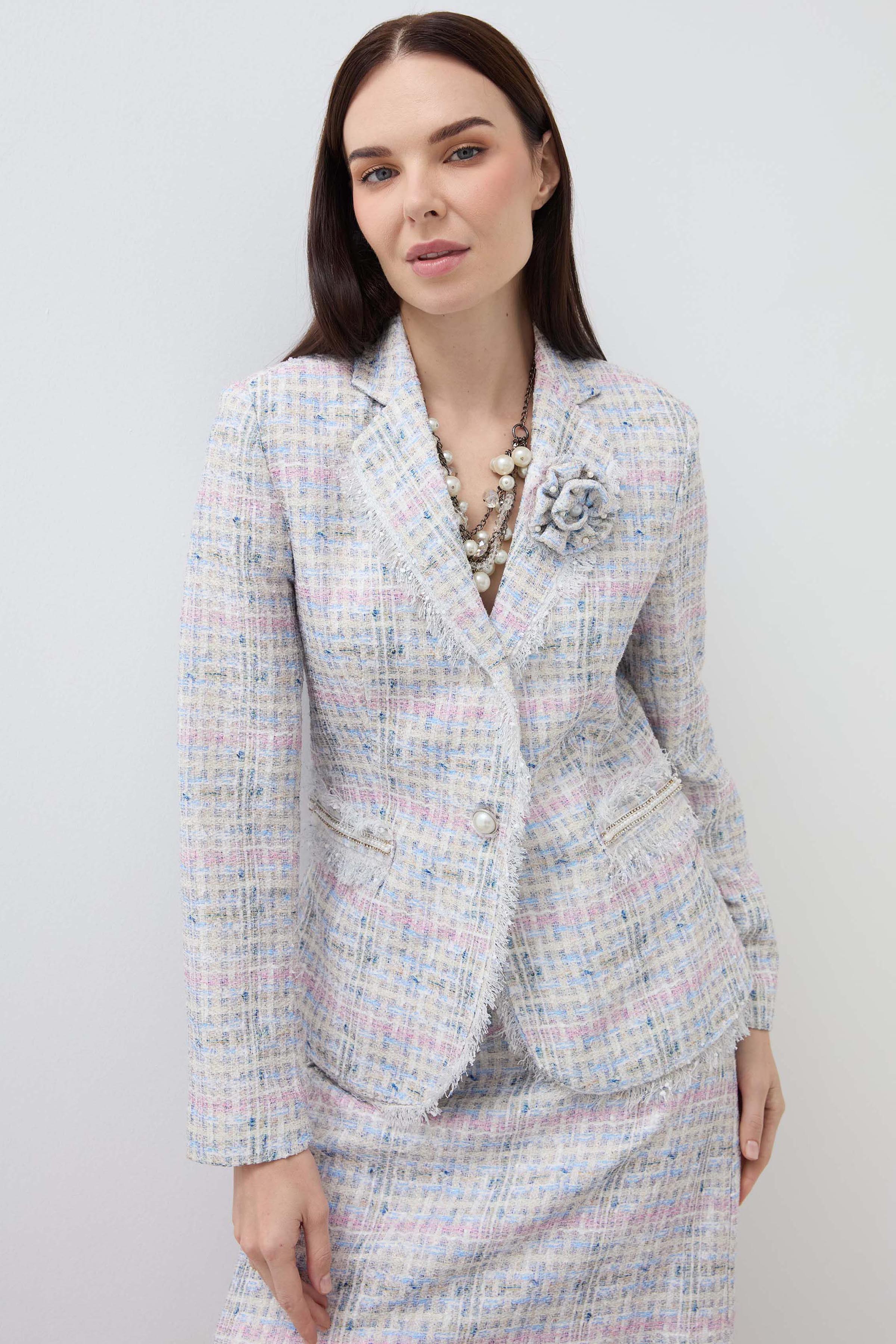Plaid Ruffle Mono Collar Jacket - Blue