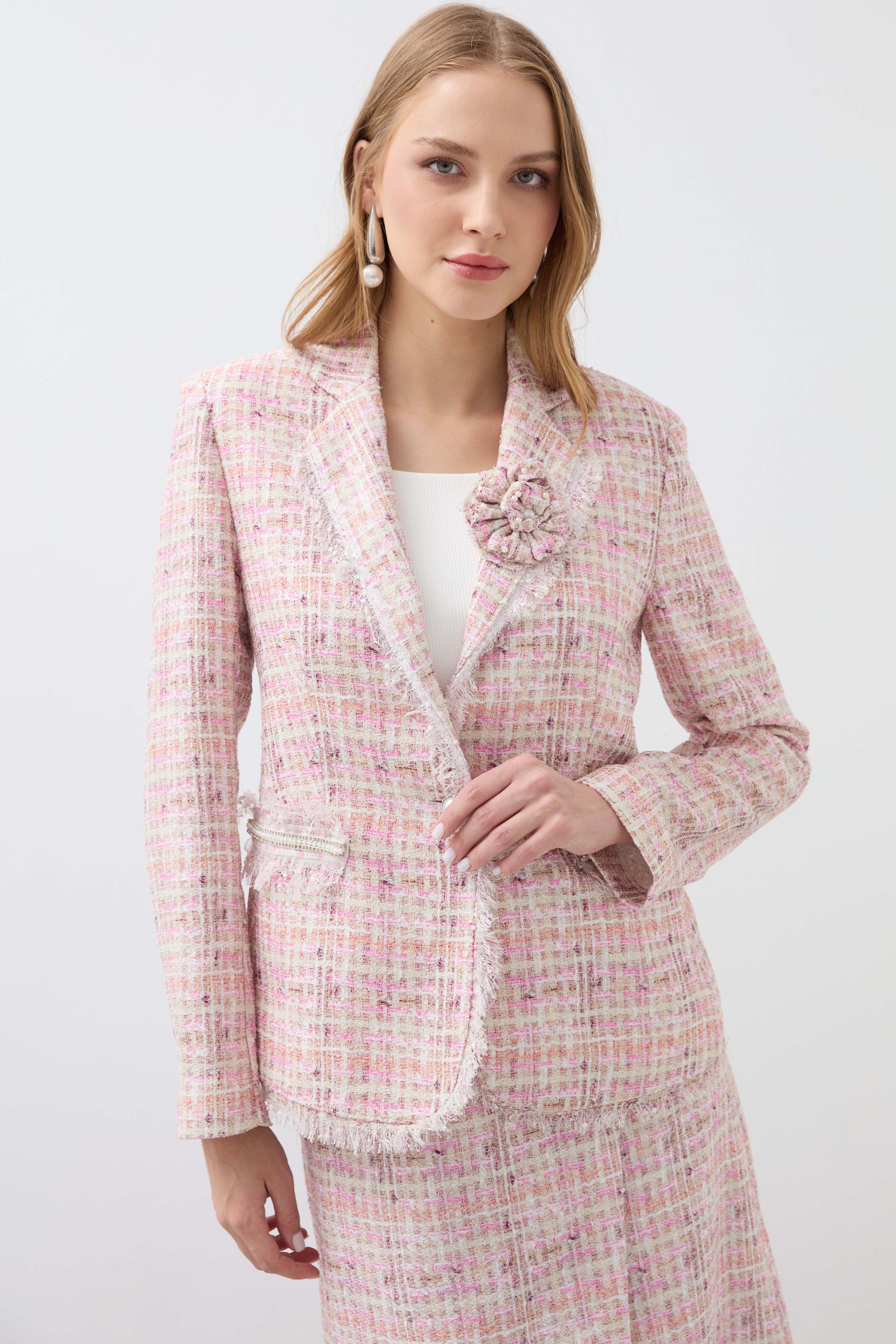 Plaid Ruffle Mono Collar Jacket - Pink
