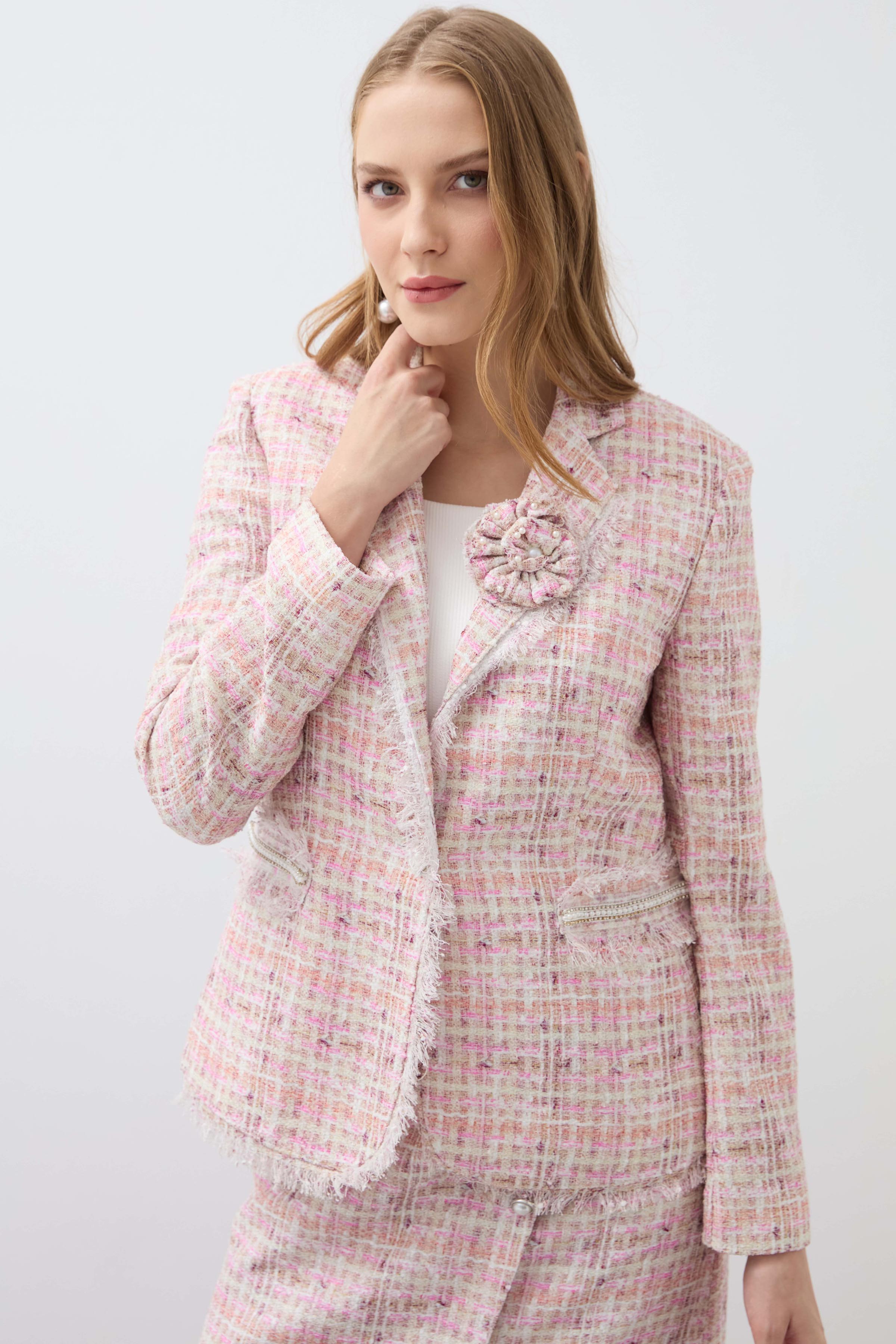 Plaid Ruffle Mono Collar Jacket - Pink