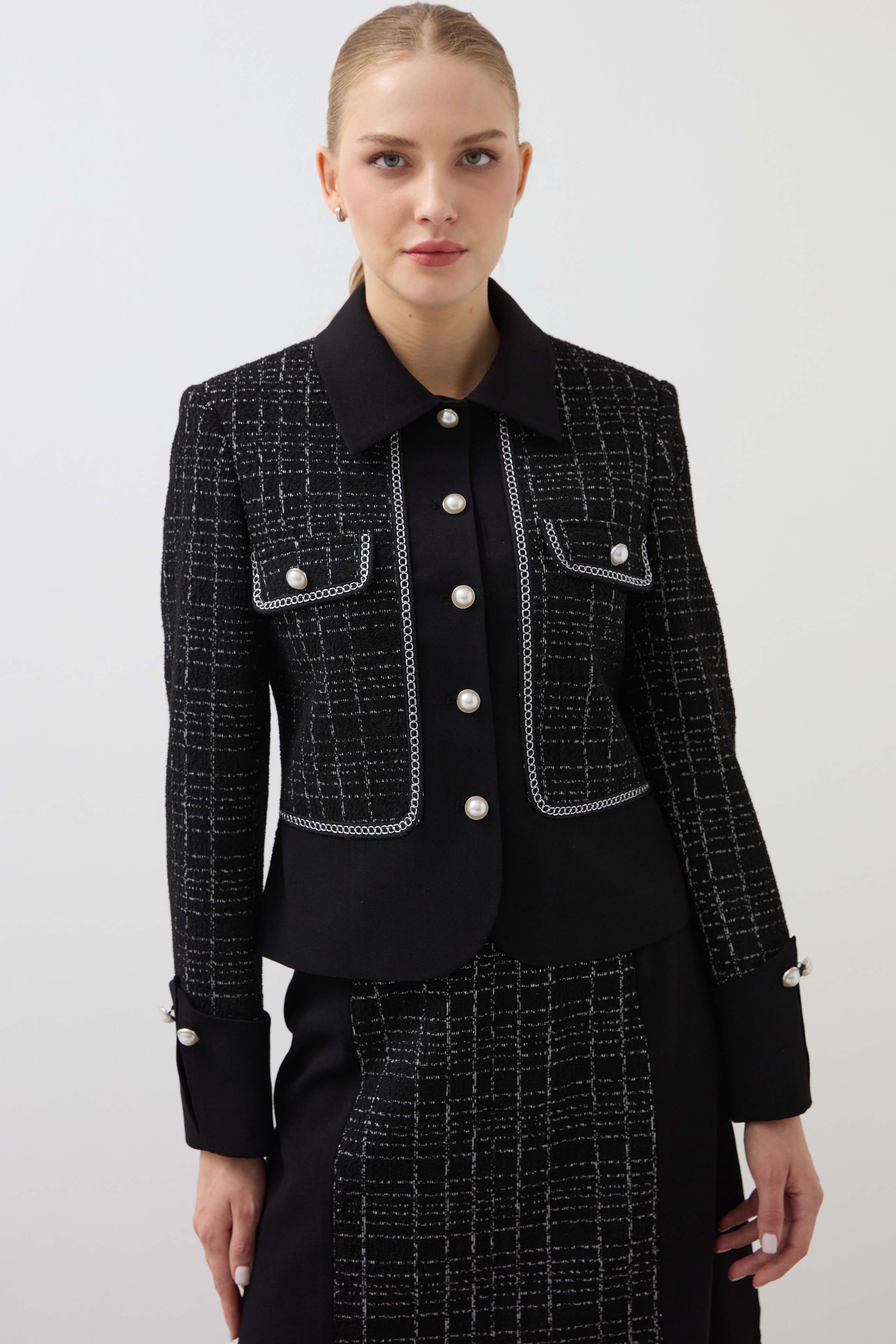 Knitted Double Pocket Chain Detailed Jacket - Black