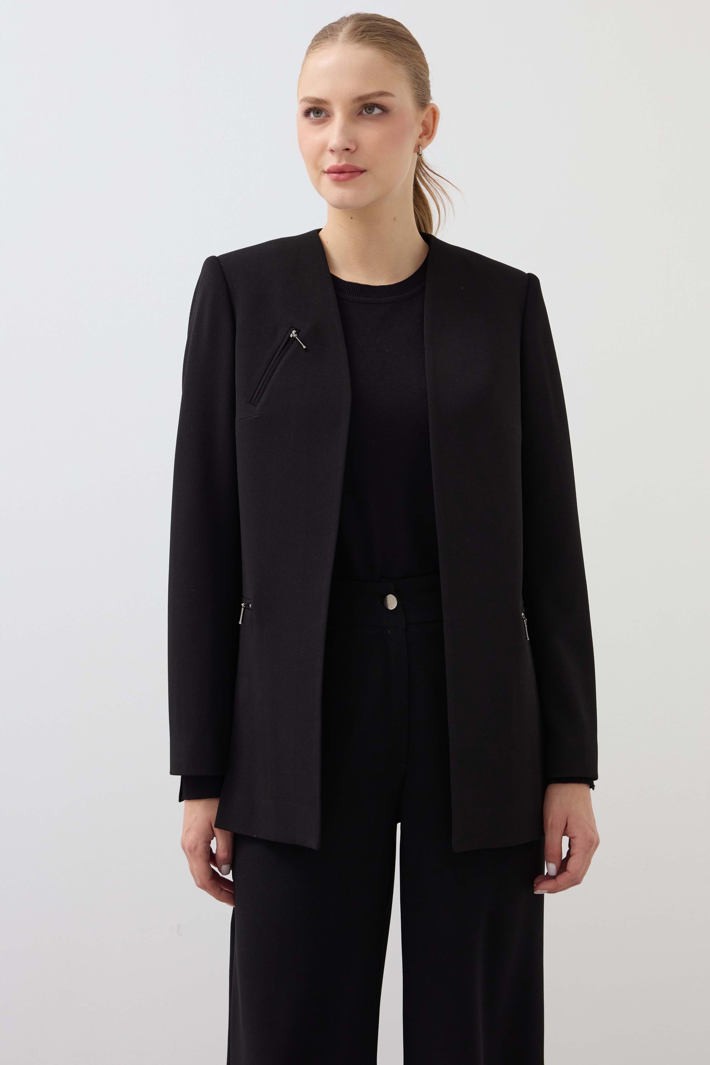 Crew Neck Pouch Pocket Checkered Knitted Long Jacket - Black