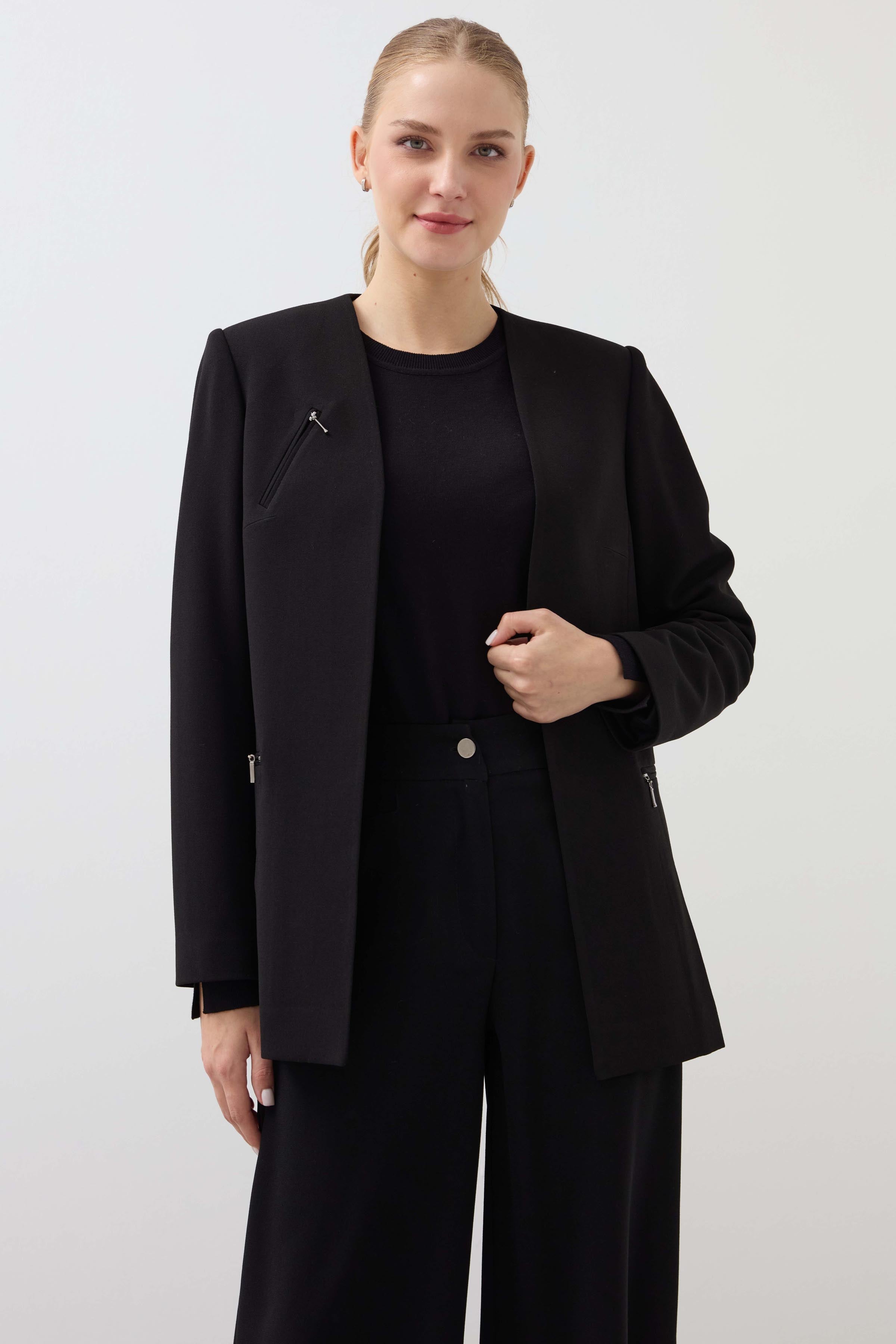 Crew Neck Pouch Pocket Checkered Knitted Long Jacket - Black