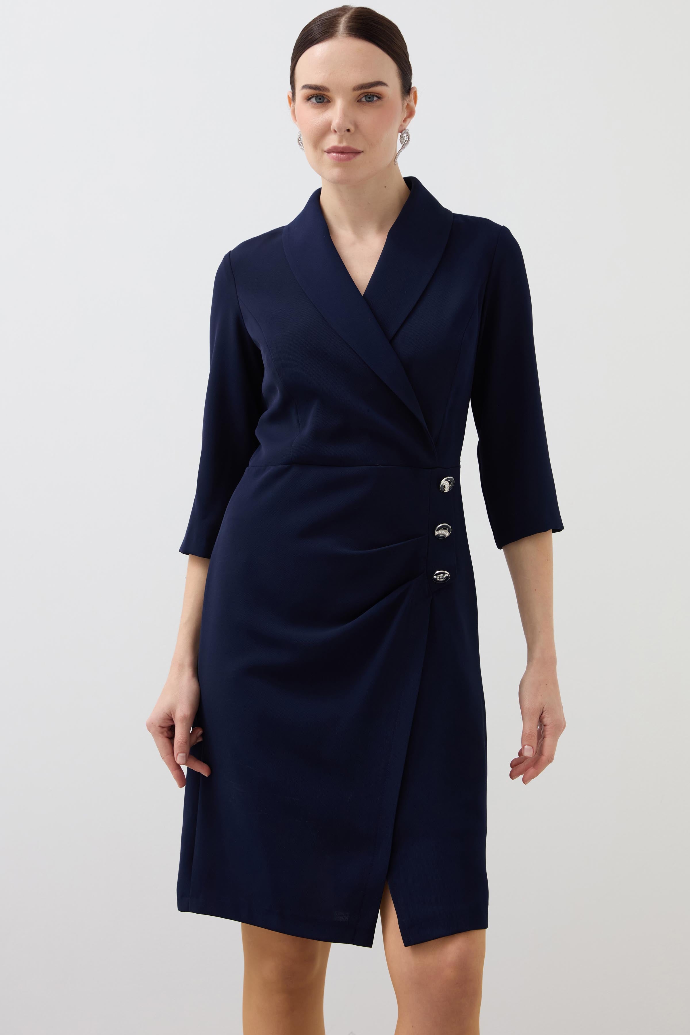 Shawl Collar Draped Crepe Dress - Navy Blue