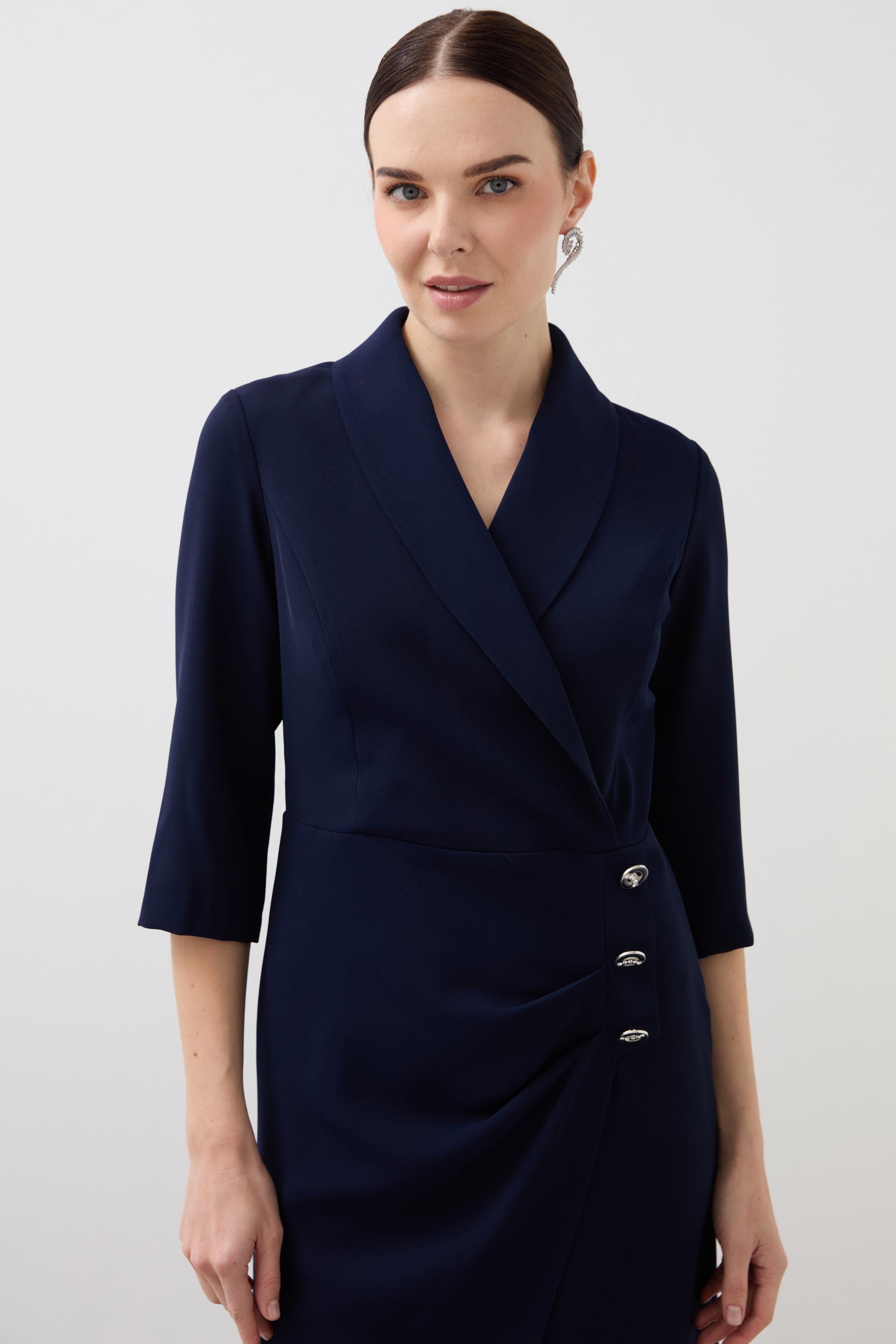 Shawl Collar Draped Crepe Dress - Navy Blue
