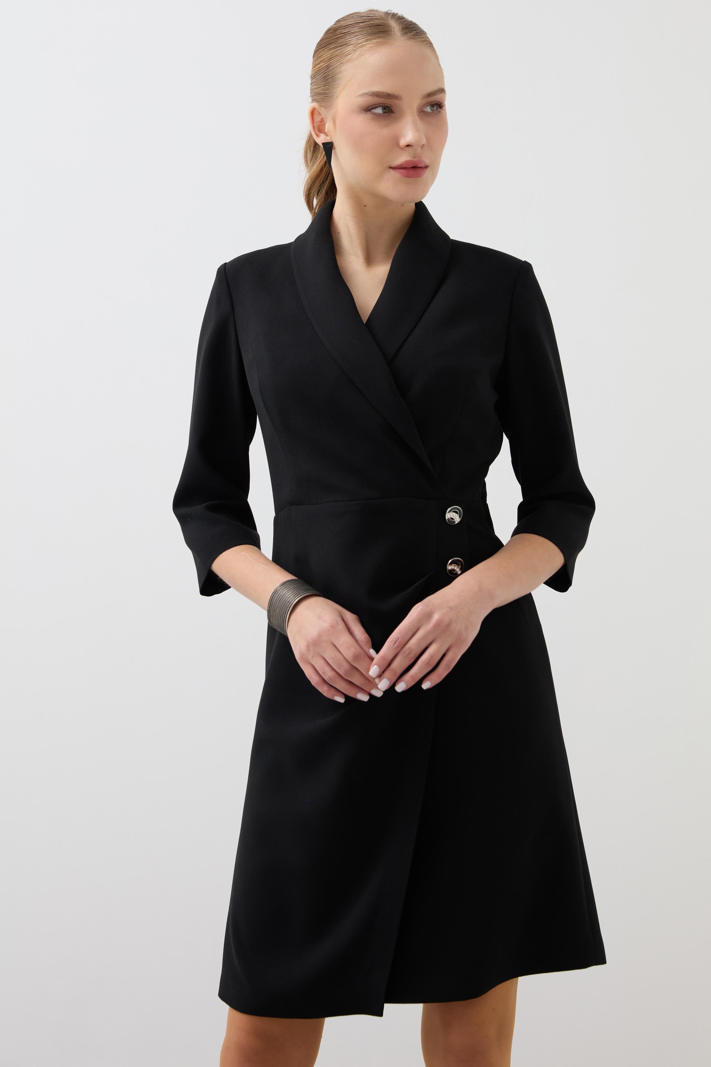 Shawl Collar Draped Crepe Dress - Black