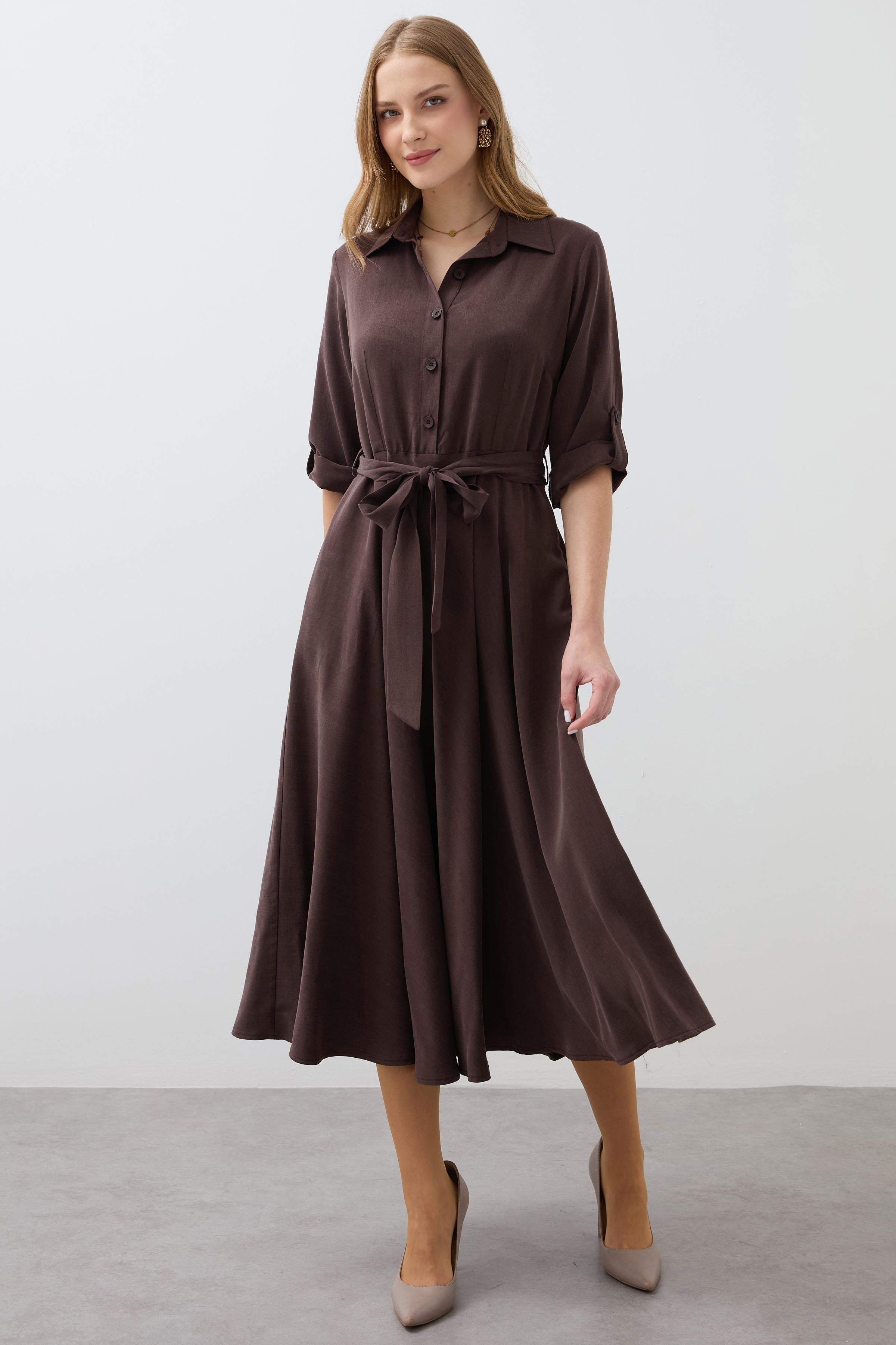 Pleated Belted Long Cupra Dress - Brown