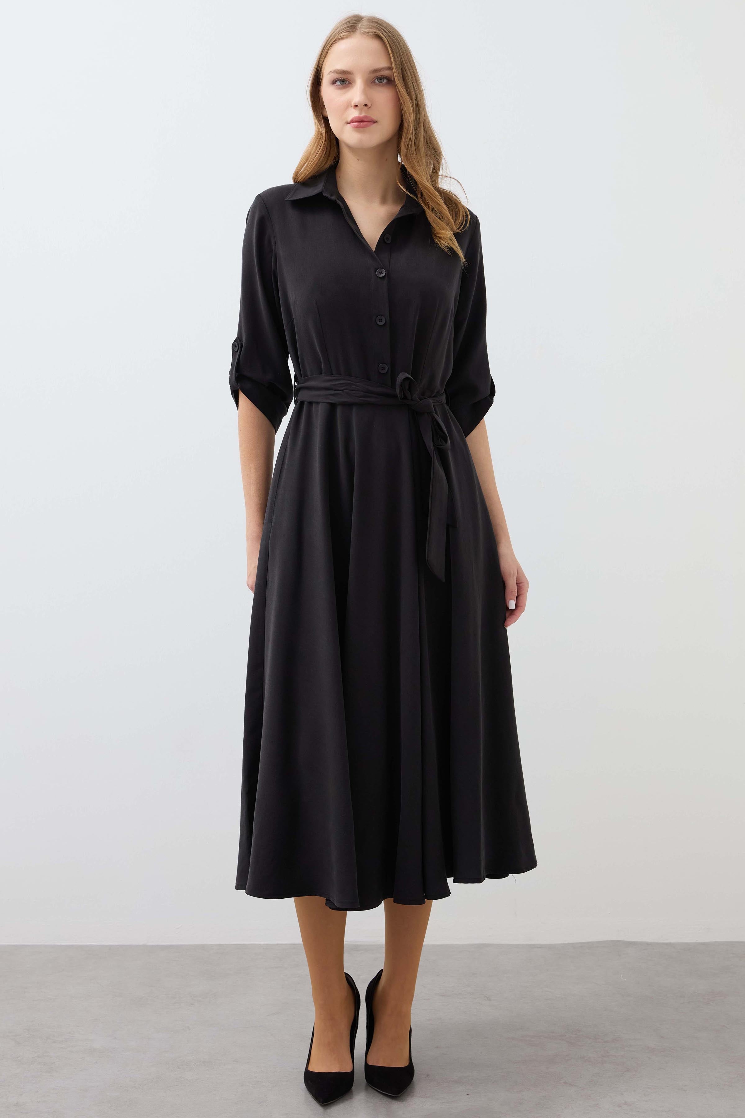 Pleated Belted Long Cupra Dress - Black