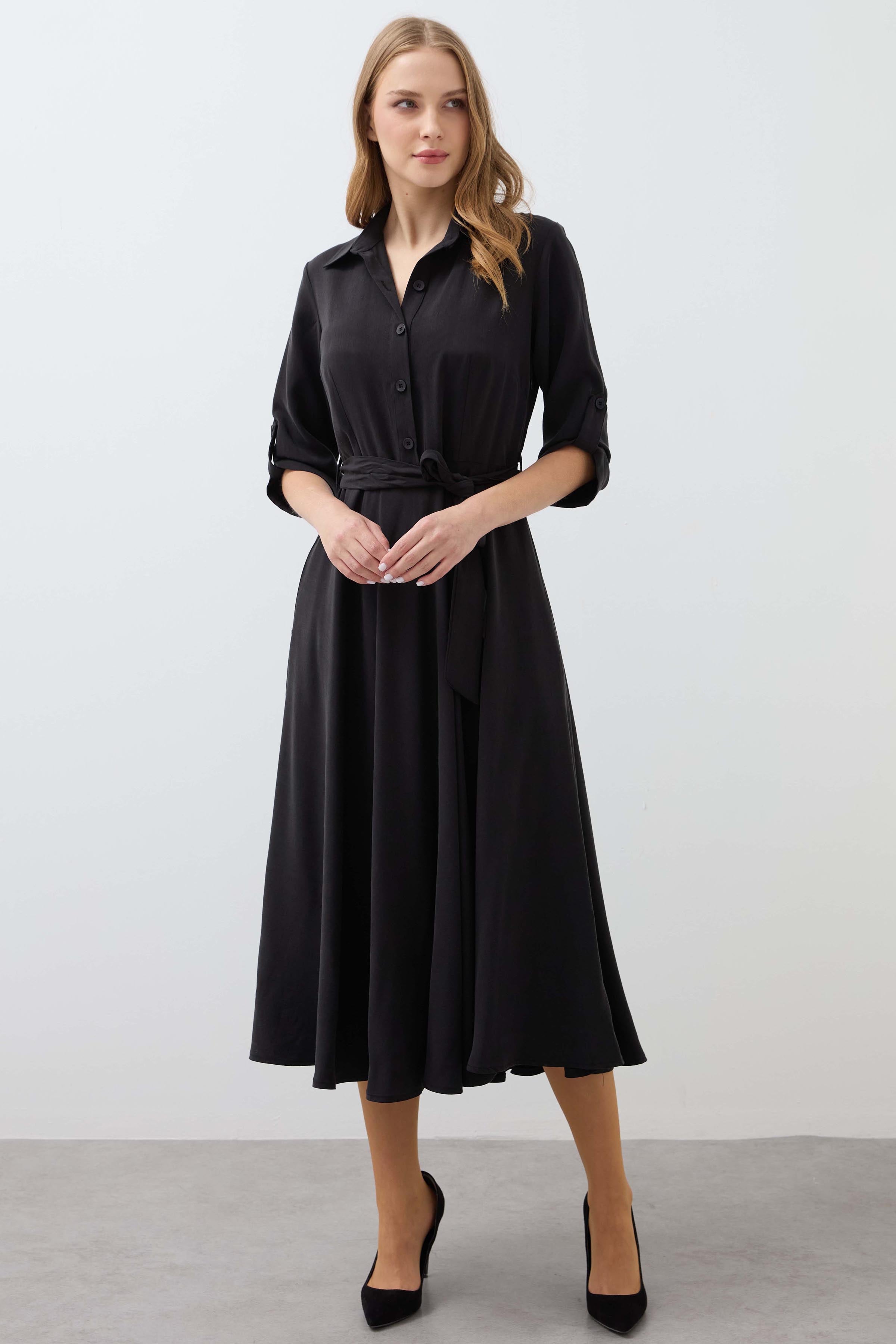 Pleated Belted Long Cupra Dress - Black