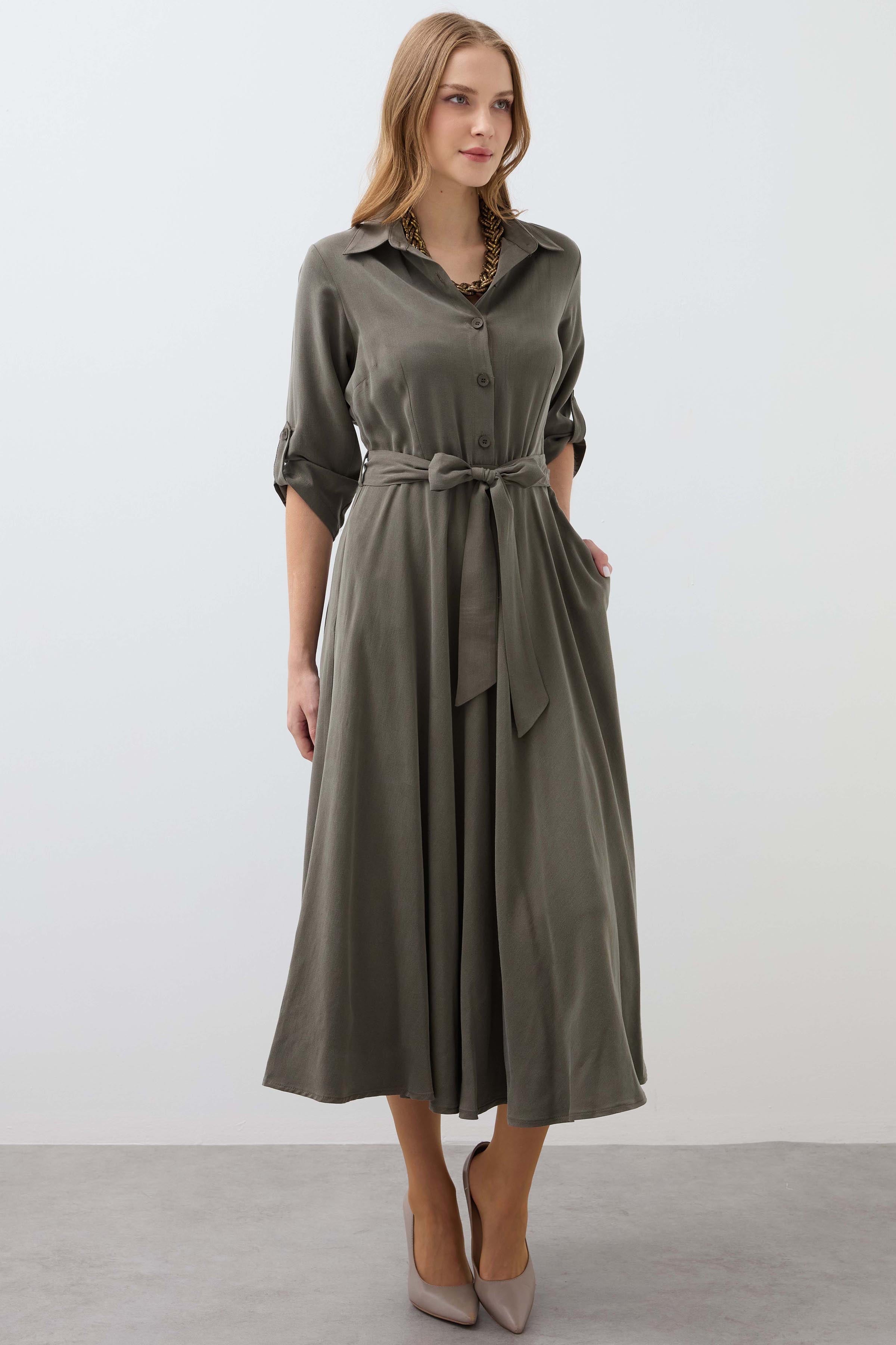 Pleated Belted Long Cupra Dress - Khaki