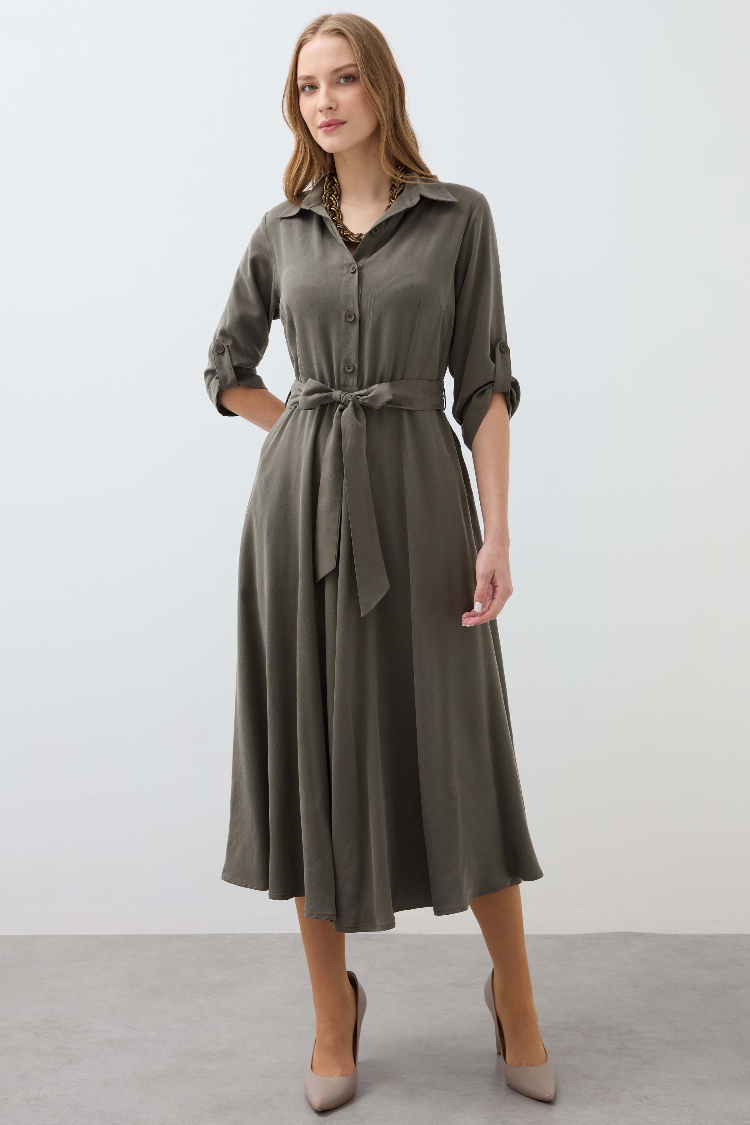 Pleated Belted Long Cupra Dress - Khaki