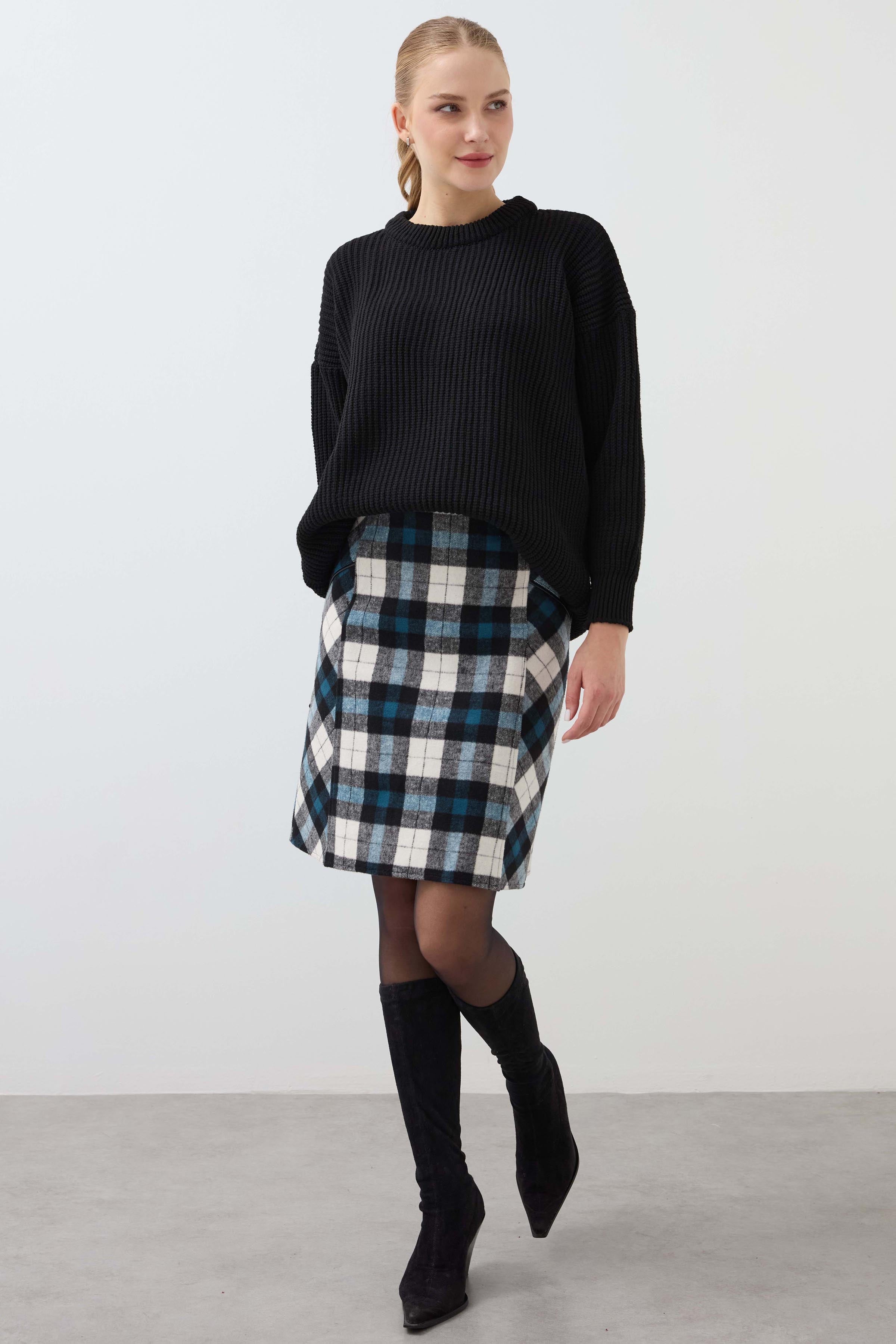 Plaid Leather Skirt - Blue