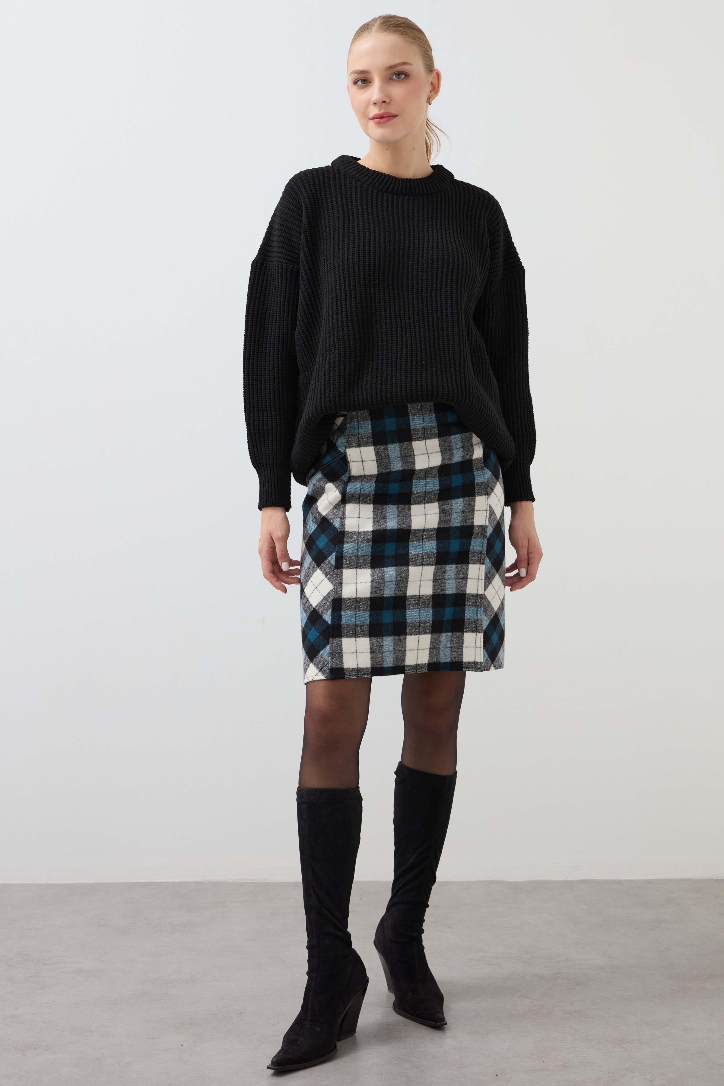 Plaid Leather Skirt - Blue
