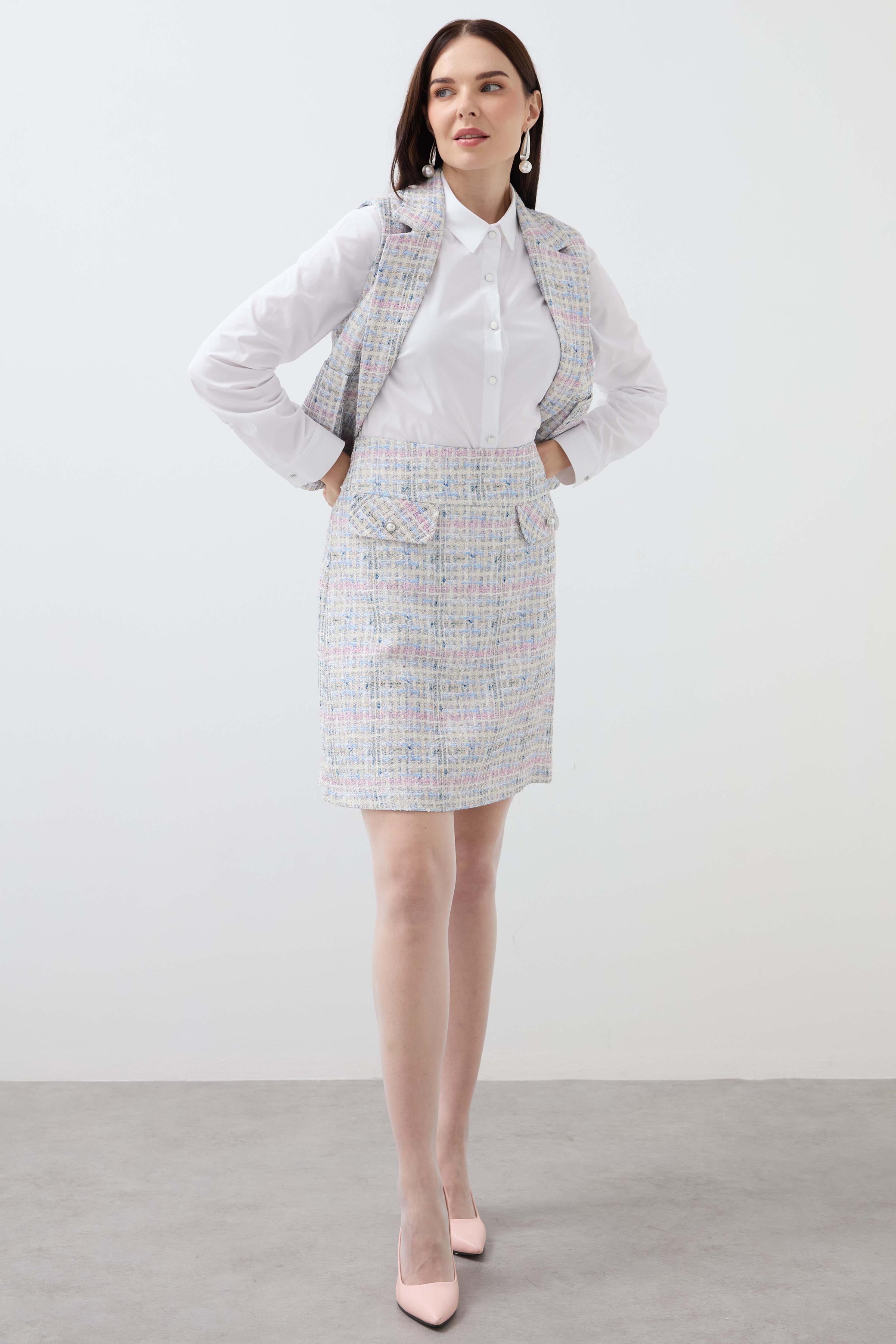 Plaid Buttoned Double Breasted Skirt - Blue