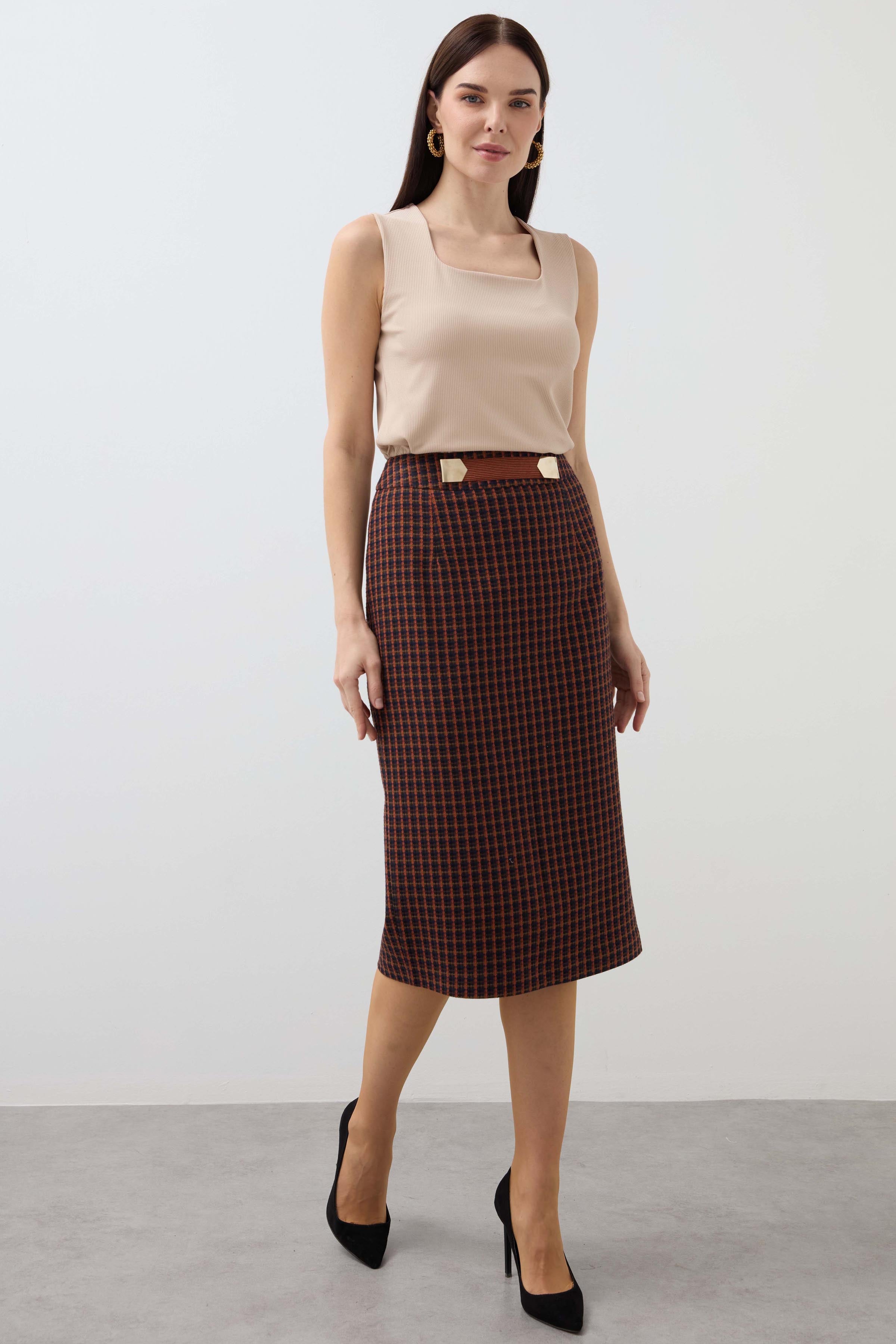 Plaid Plain Tight Skirt with Belt Detail - Brick