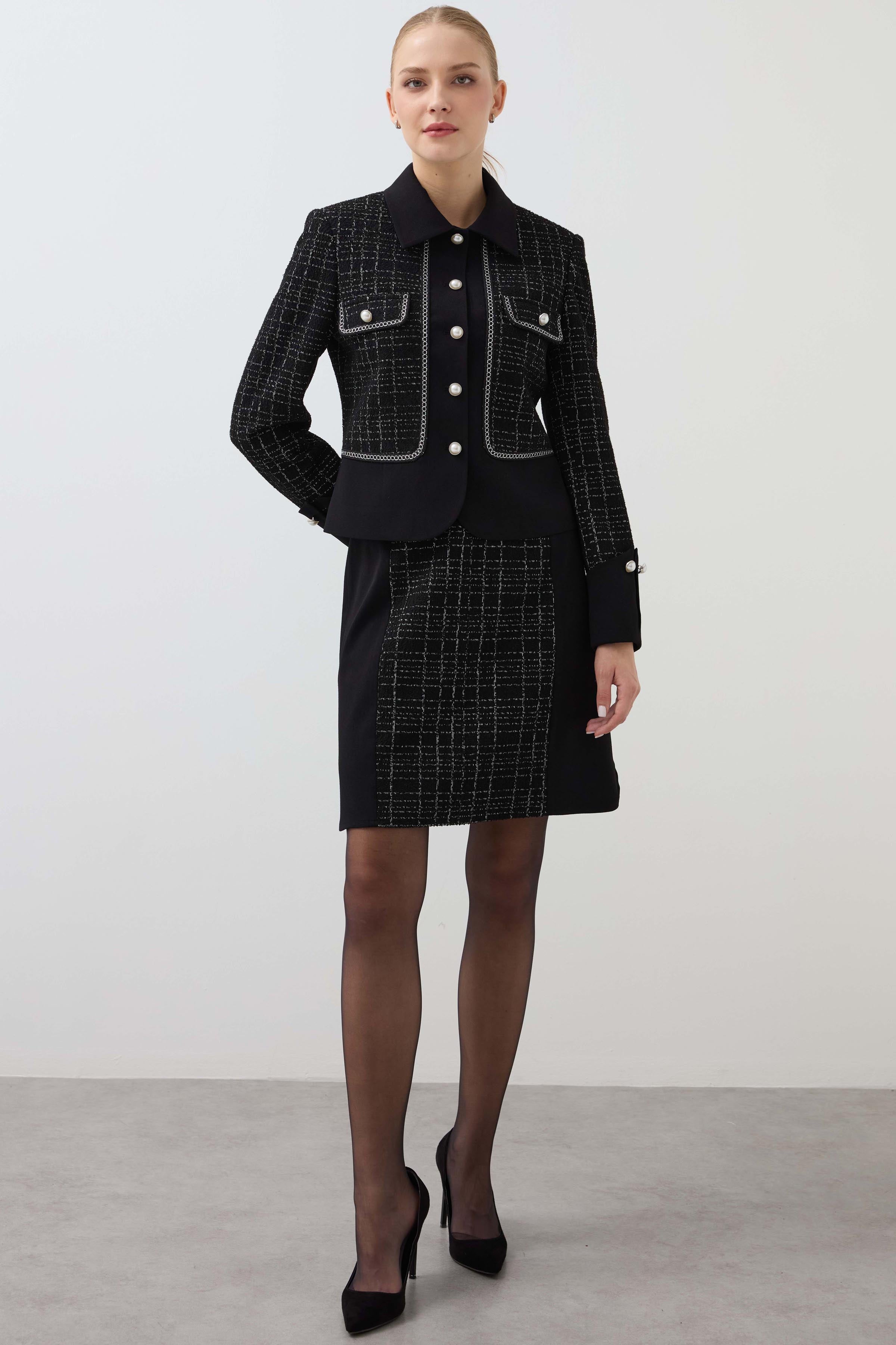 Chain Detailed Knitted Checkered Short Skirt - Black