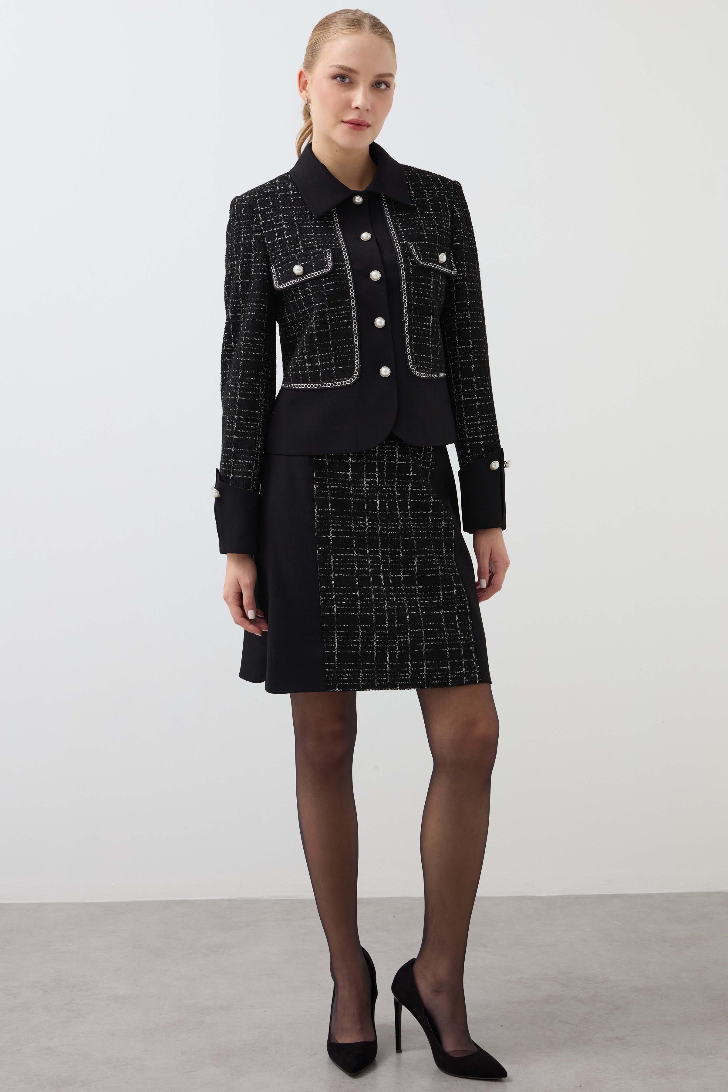 Chain Detailed Knitted Checkered Short Skirt - Black