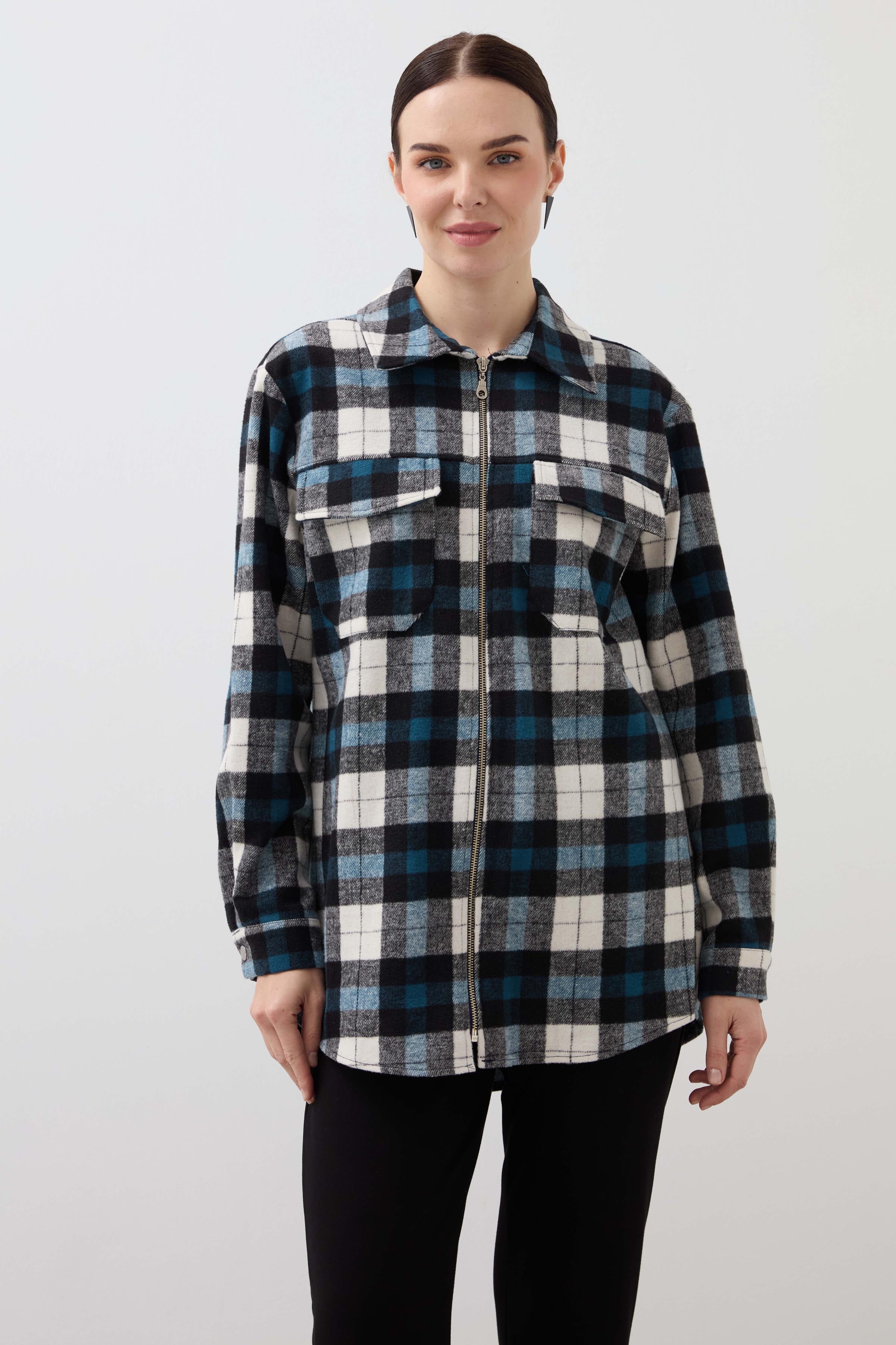 Checkered Double Pocket Zippered Shirt - Blue