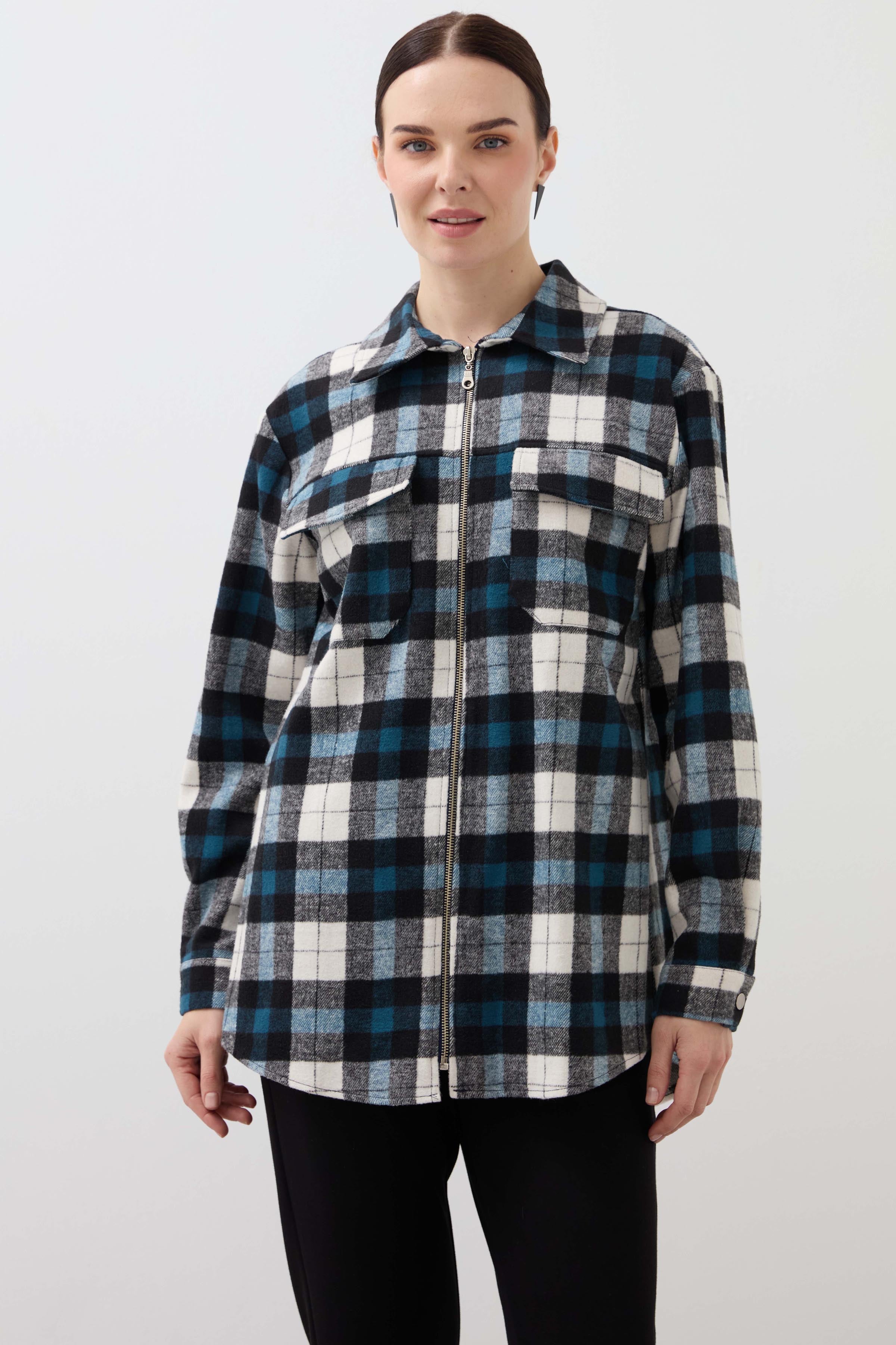 Checkered Double Pocket Zippered Shirt - Blue