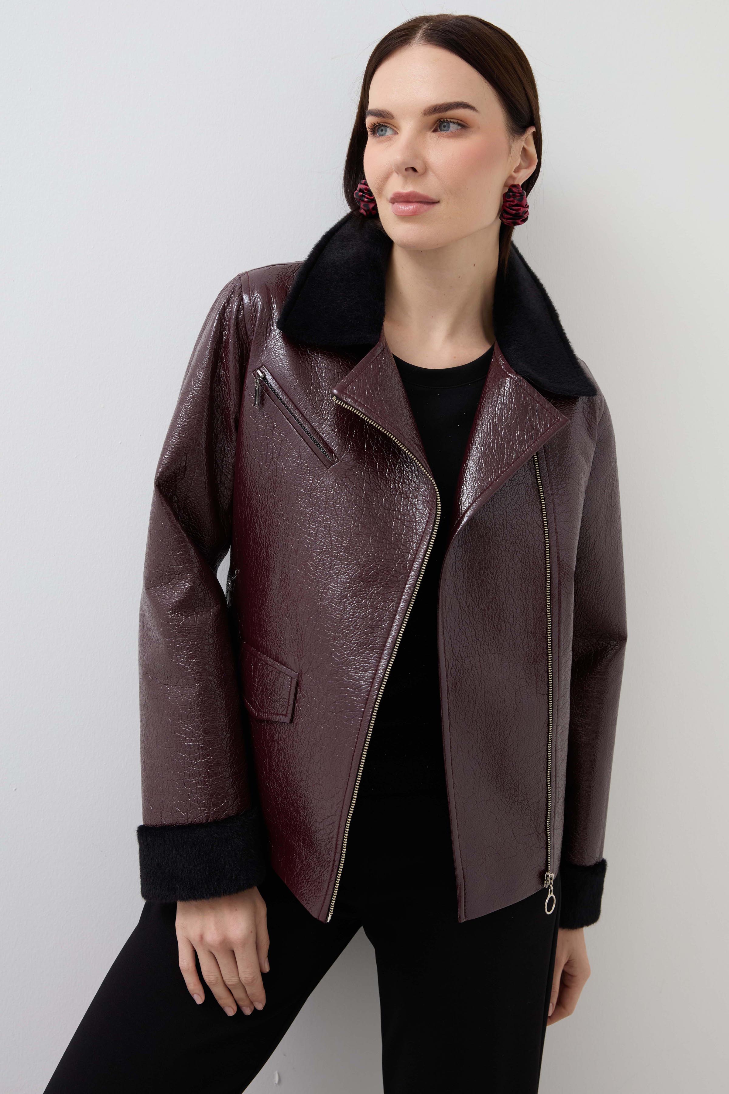 Kürk Yakalı Rugan Mont - Bordo