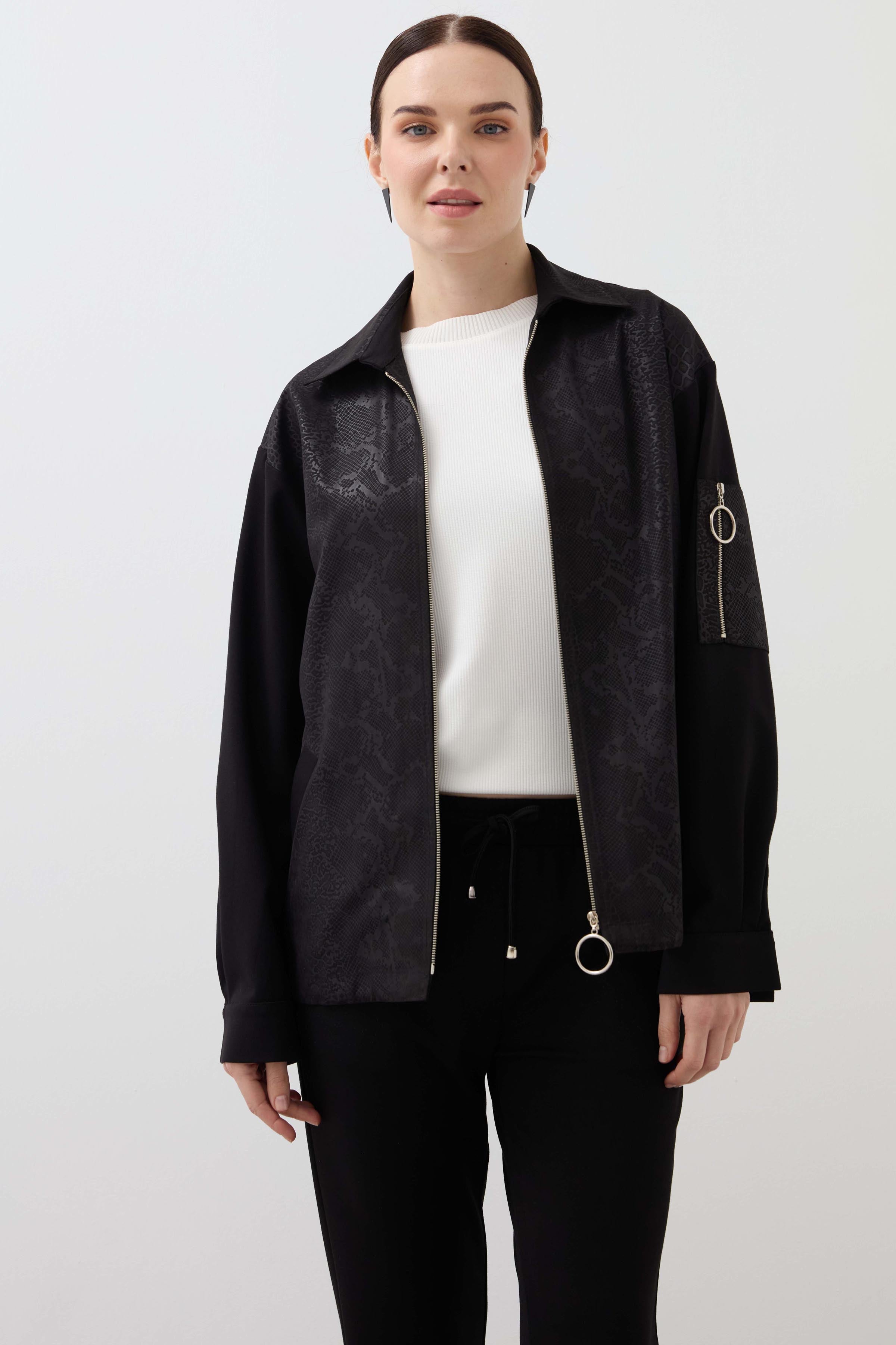Zippered Leather Garnished Coat - Black