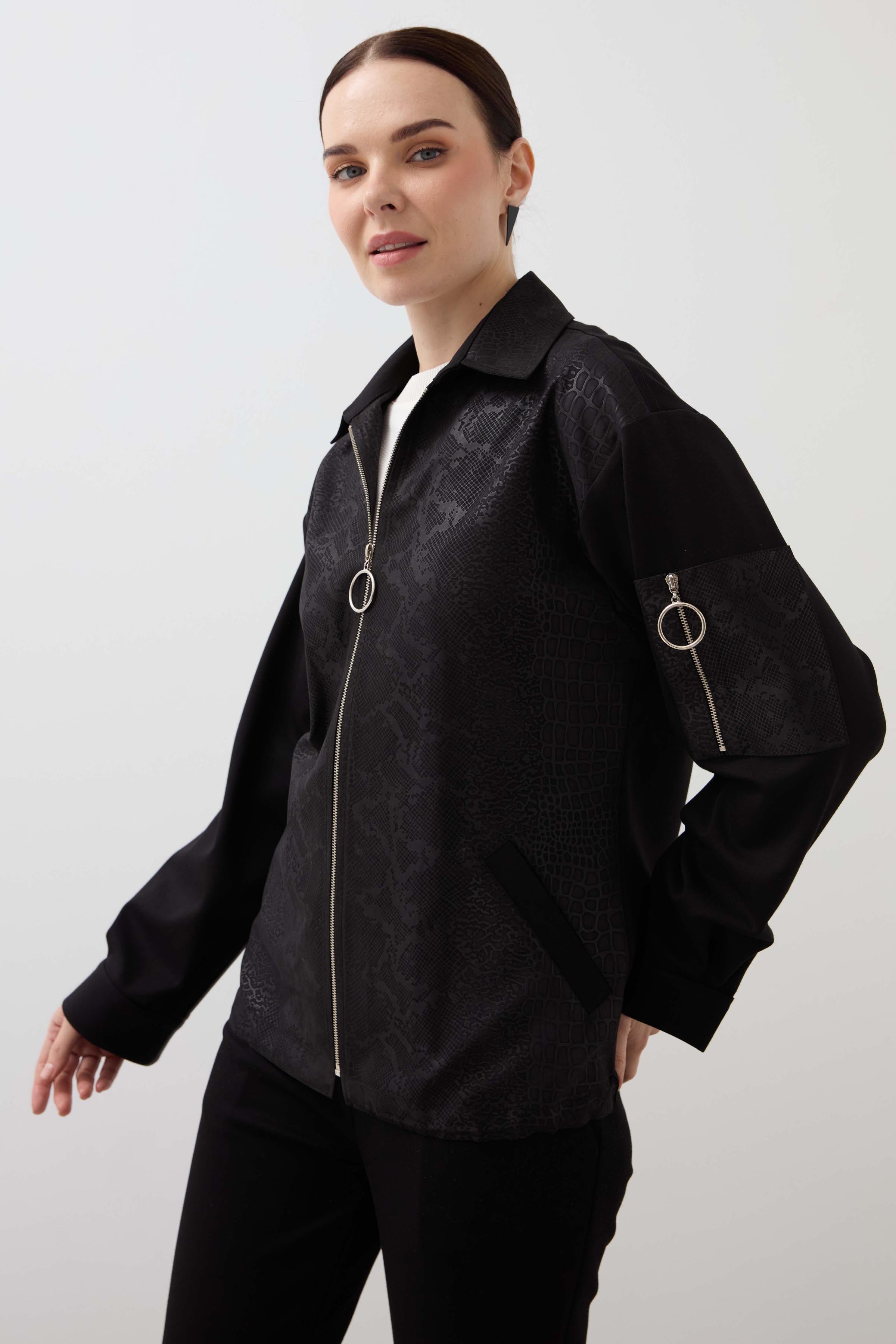 Zippered Leather Garnished Coat - Black