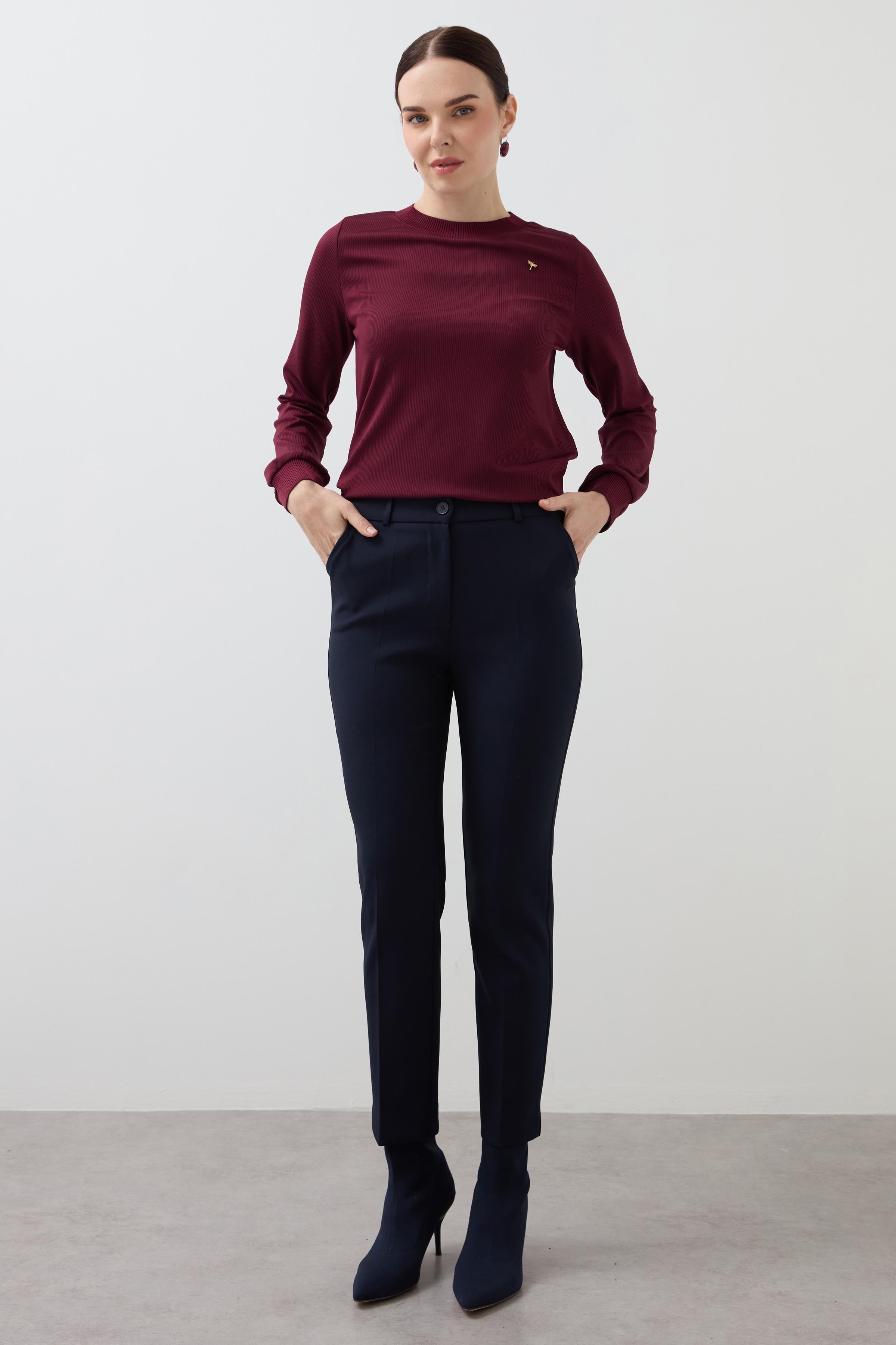 Side Pocket Classic Embroidered Trousers - Navy Blue