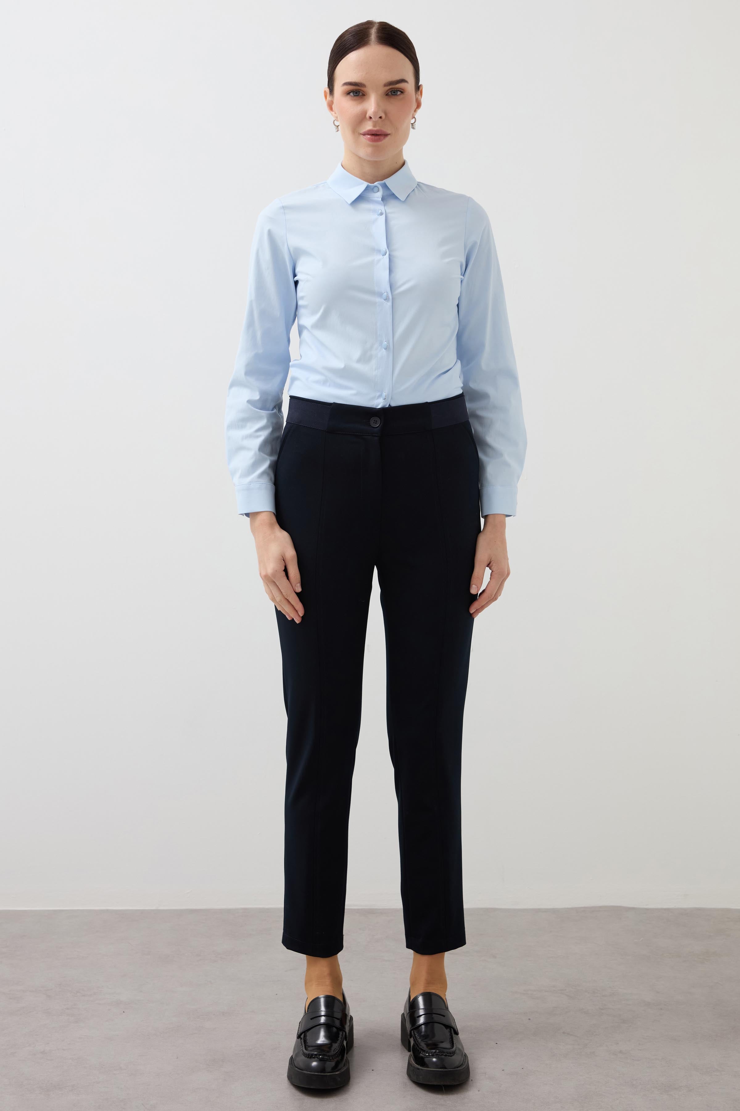 Elastic Waist Ribbed Front Trousers - Black