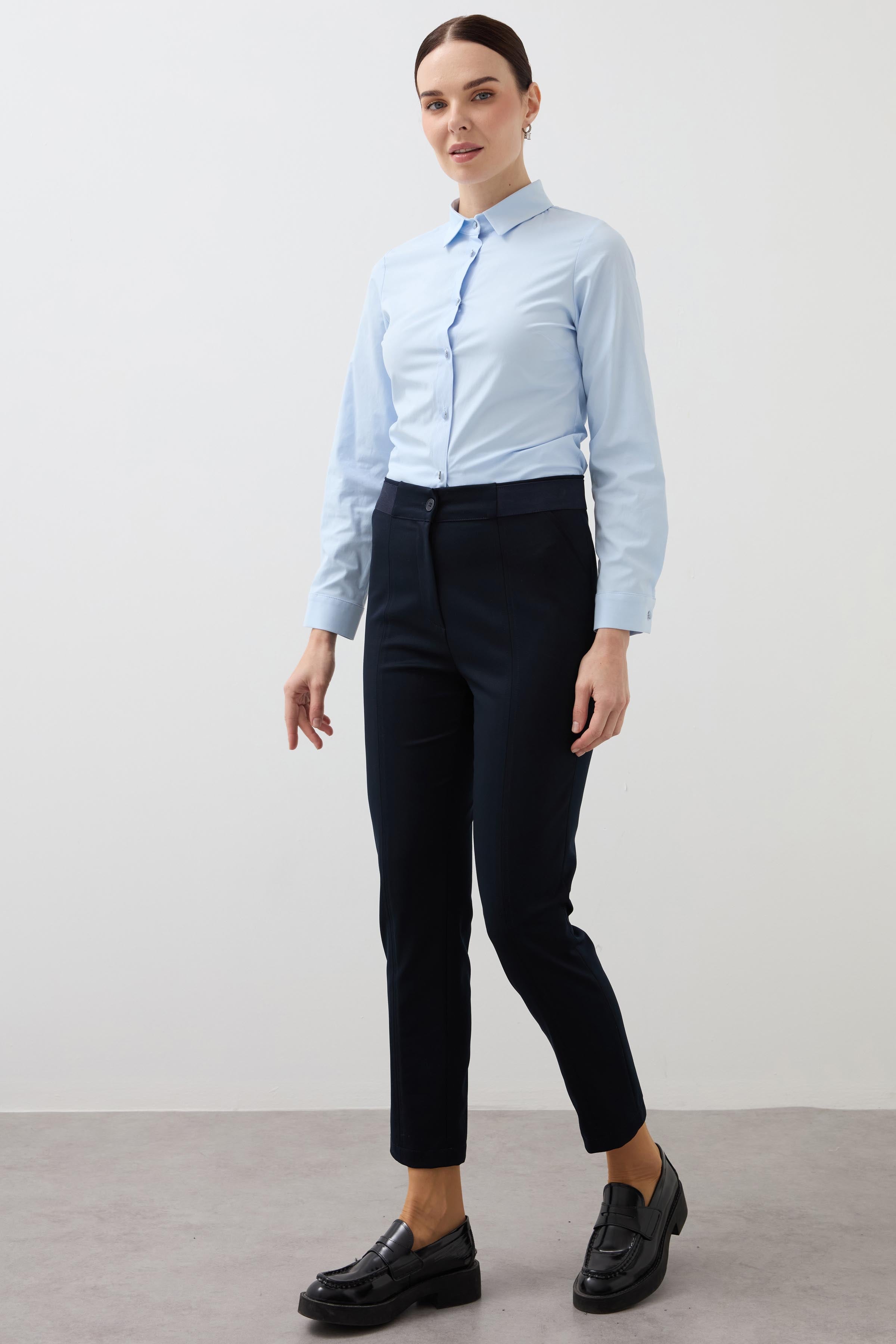 Elastic Waist Ribbed Front Trousers - Black