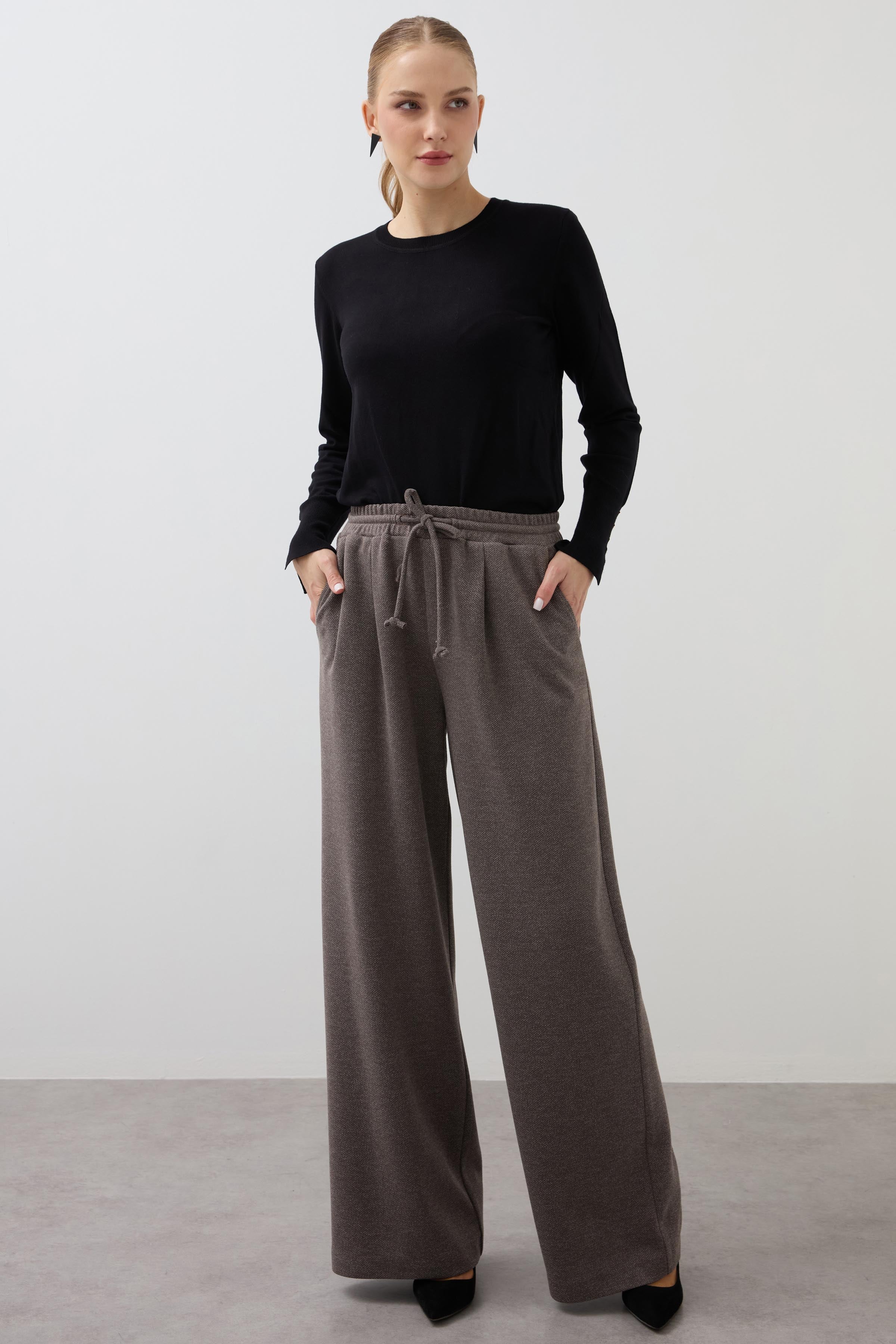 Elastic Waist Knitted Wide Leg Trousers - Mink