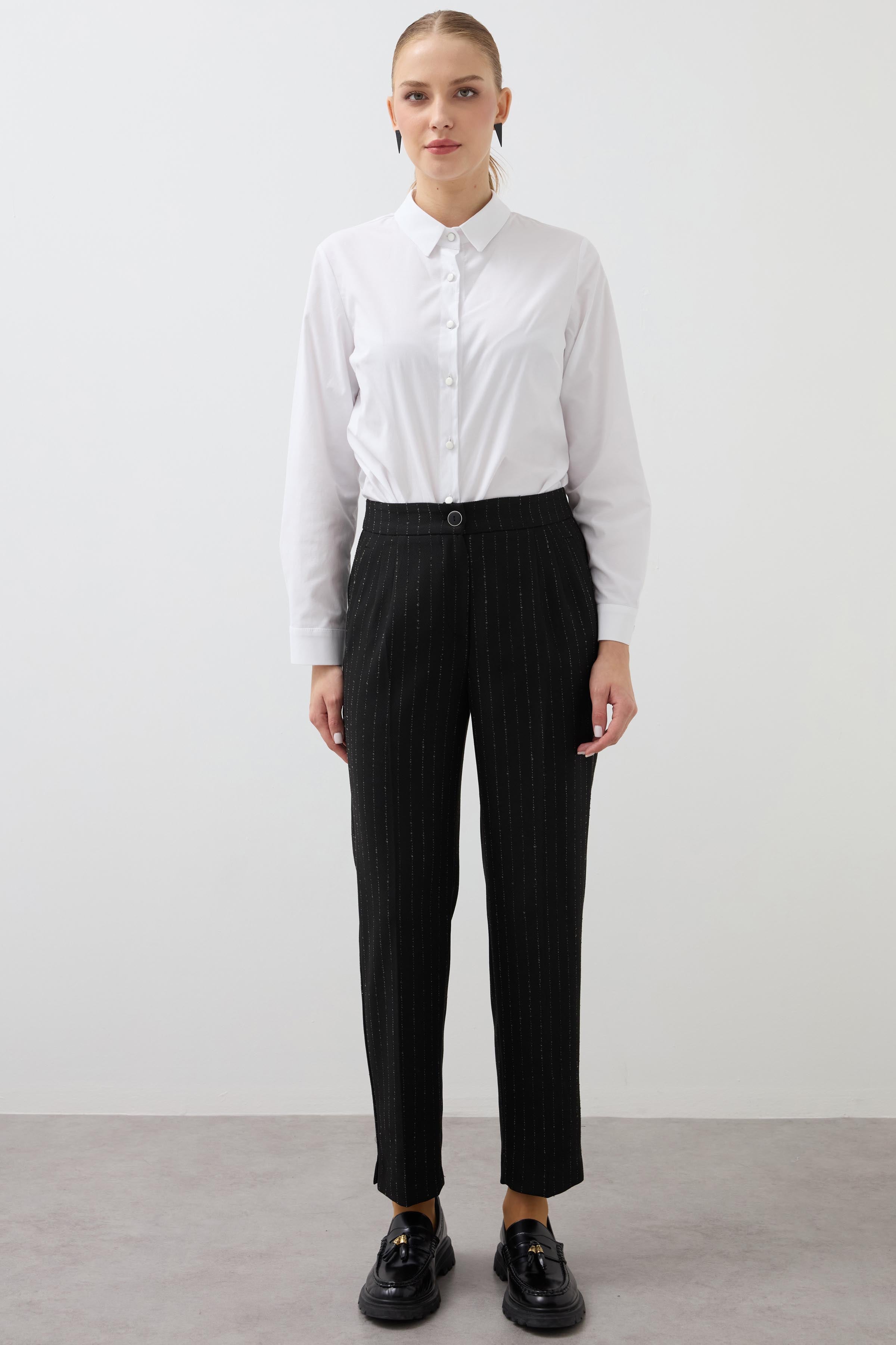 Skinny Leg Striped Trousers - Black