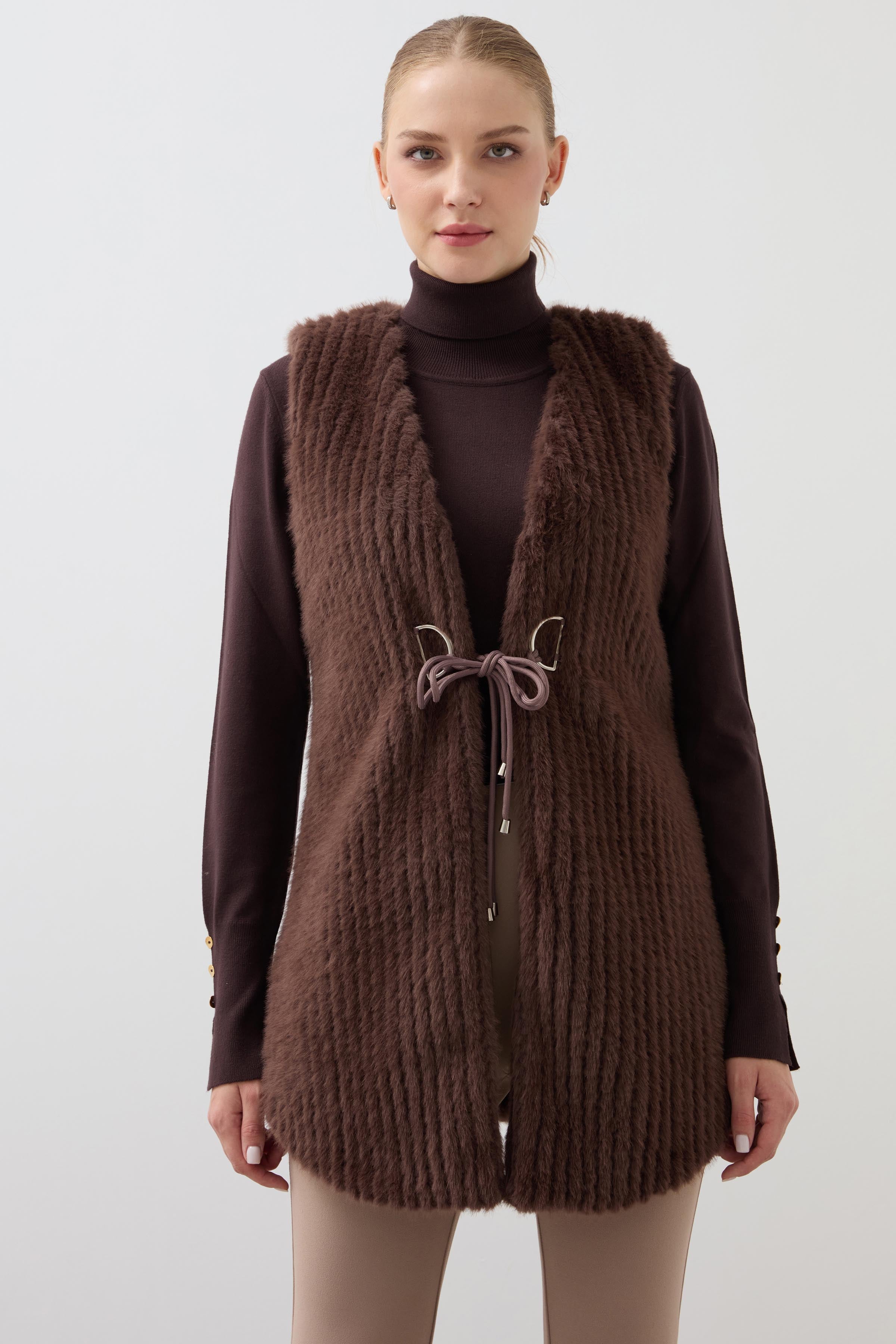 Long Fur Vest Striped - Brown