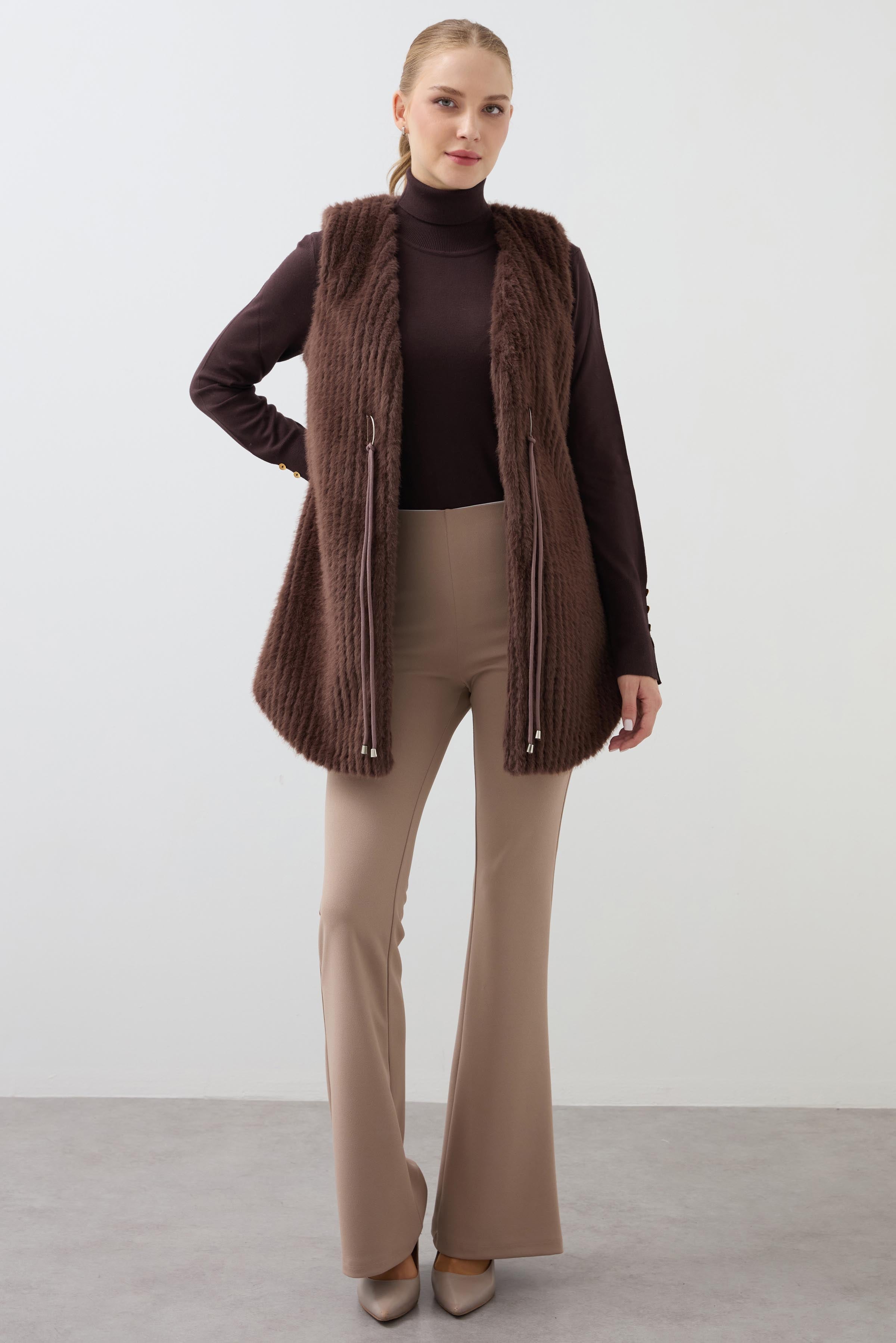 Long Fur Vest Striped - Brown