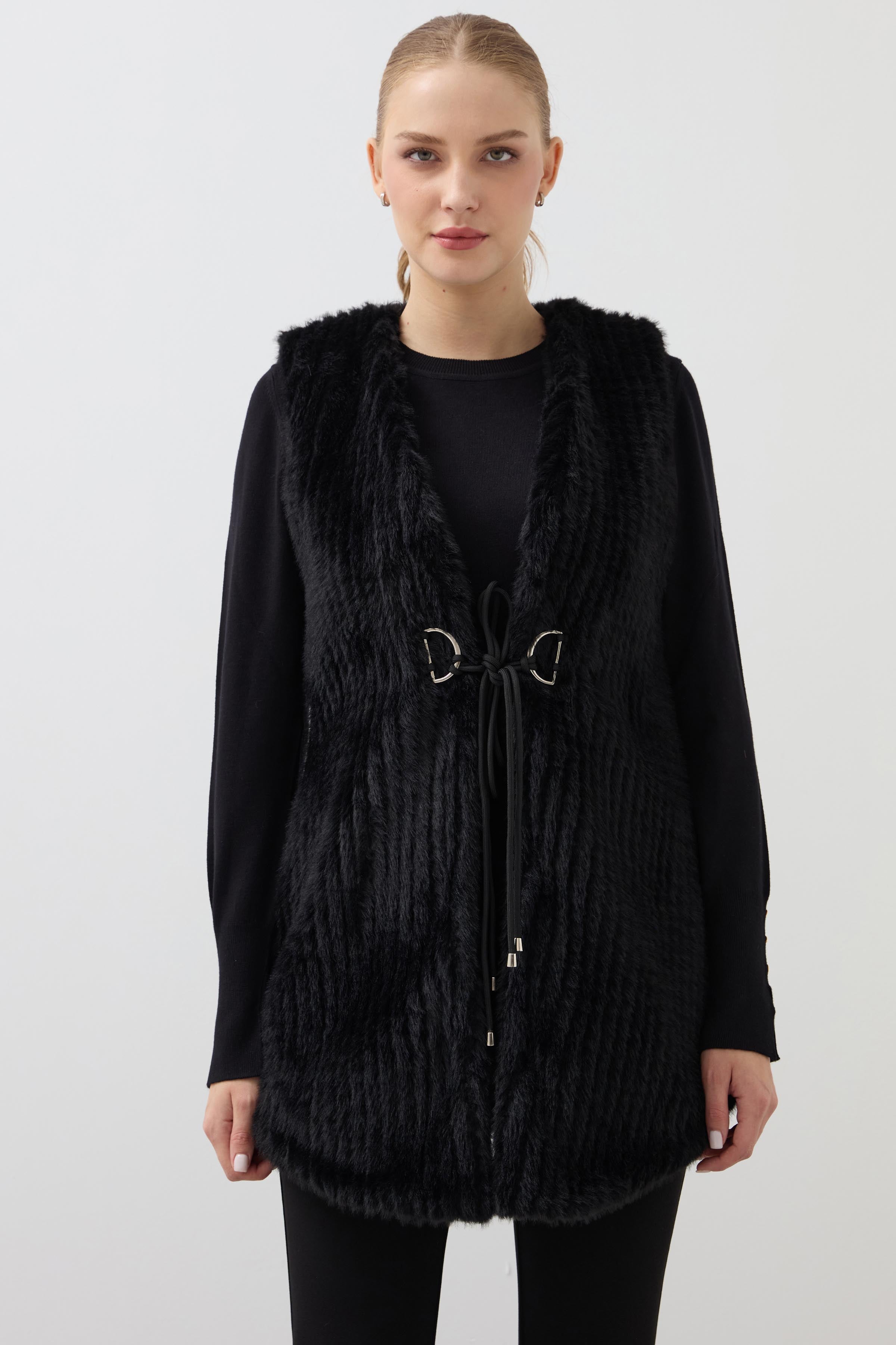 Fur Long Striped Vest - Black