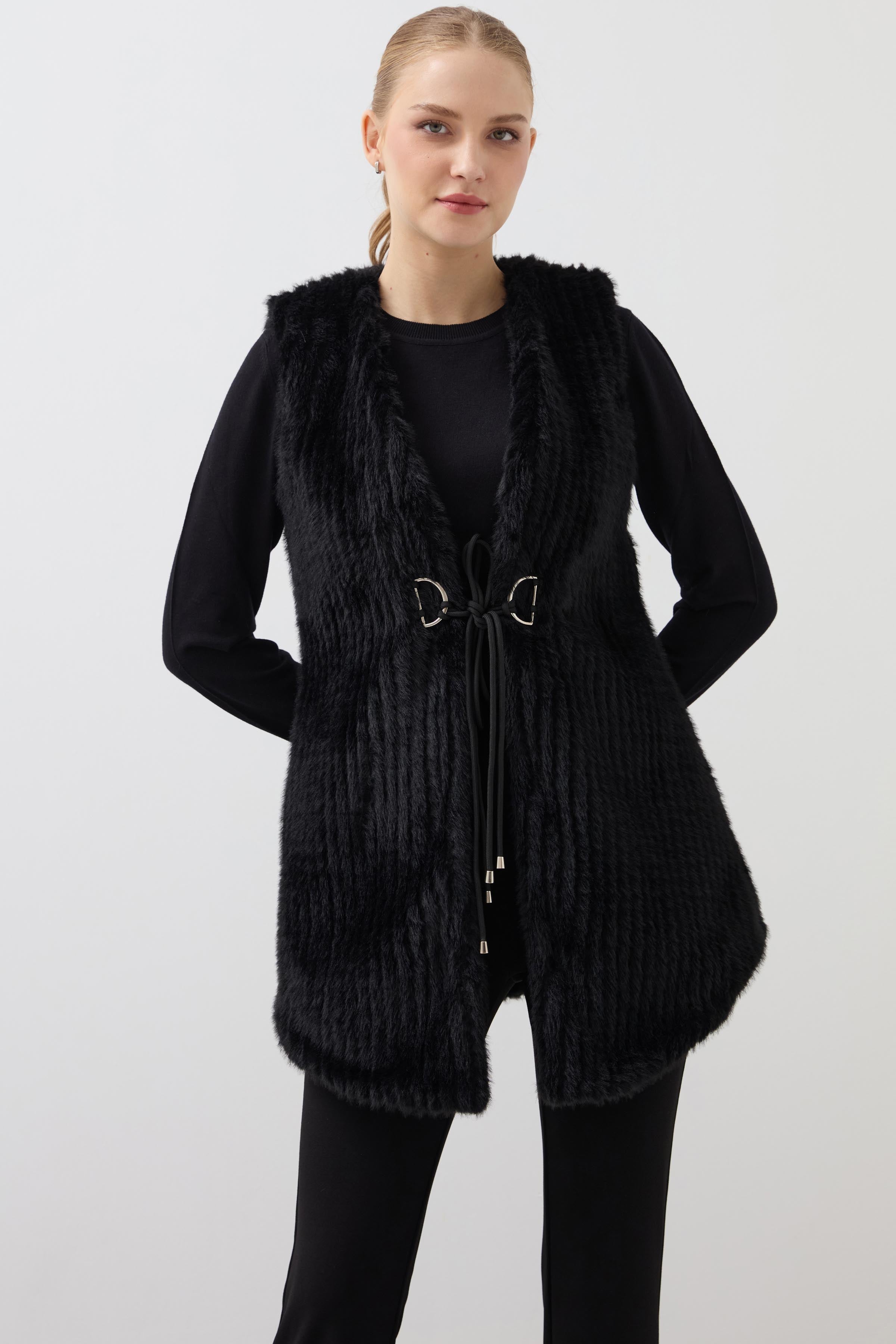 Fur Long Striped Vest - Black