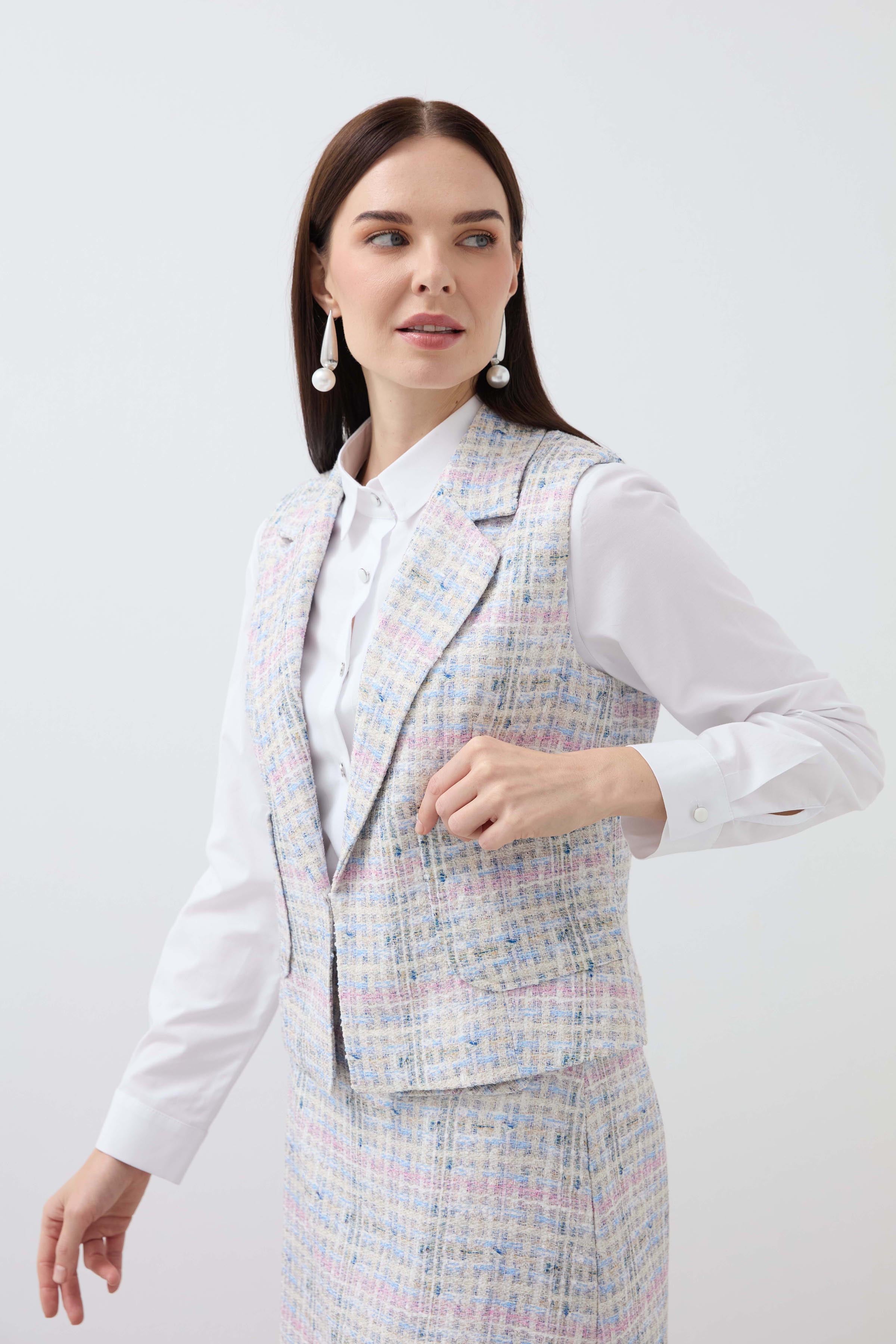 Plaid Pouch Pocket Mono Collar Vest - Blue