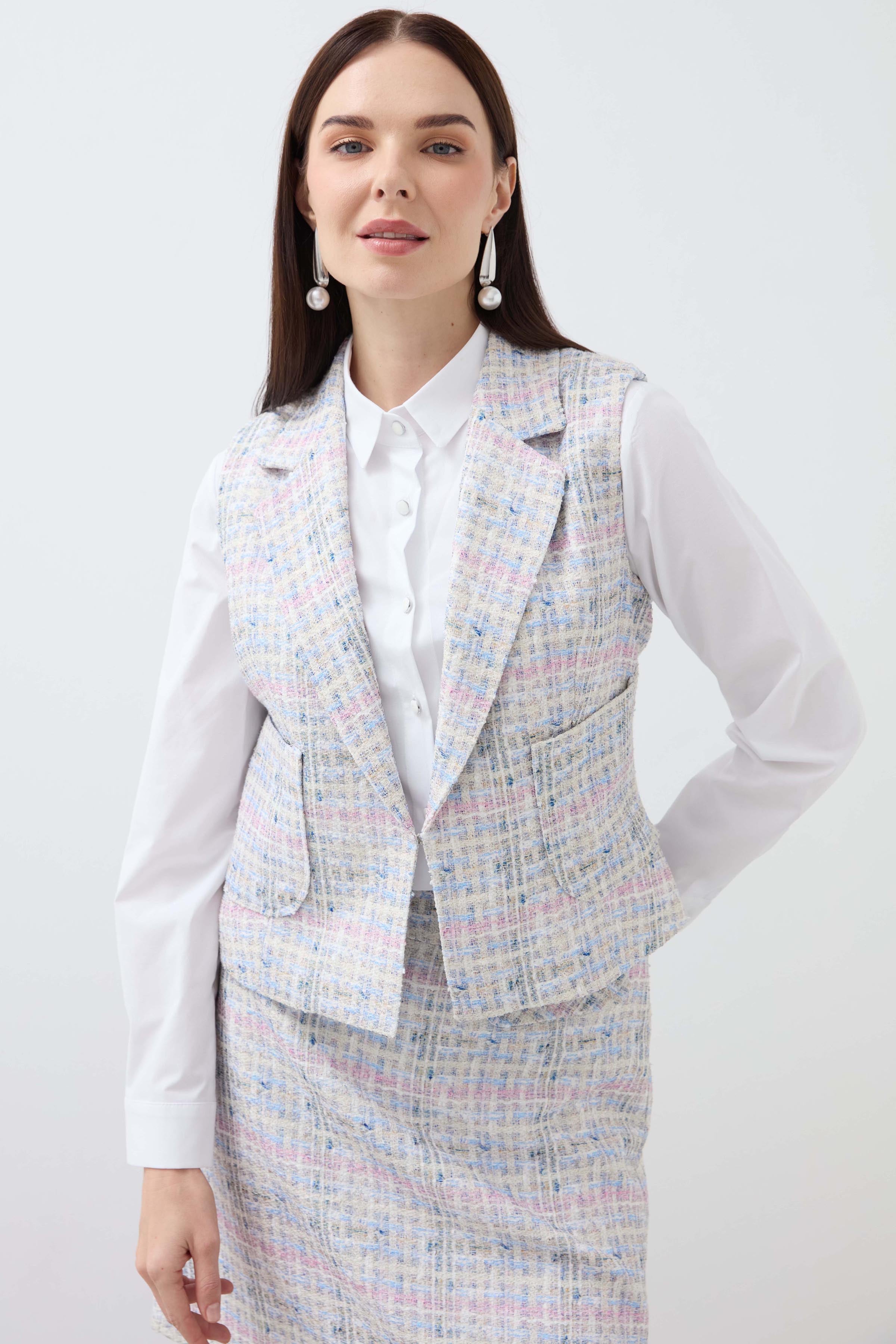 Plaid Pouch Pocket Mono Collar Vest - Blue