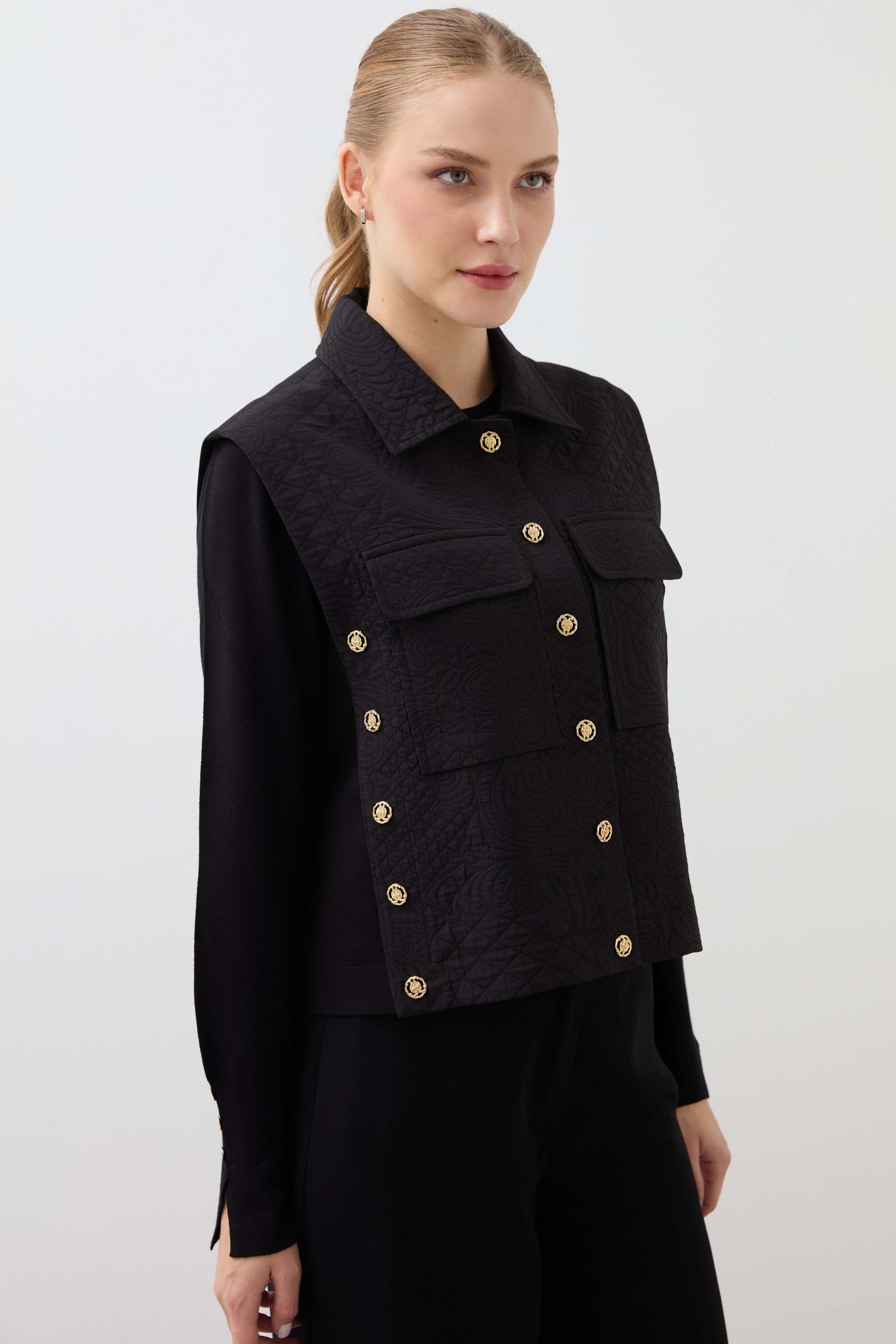 Quilted Button Detailed Vest - Black
