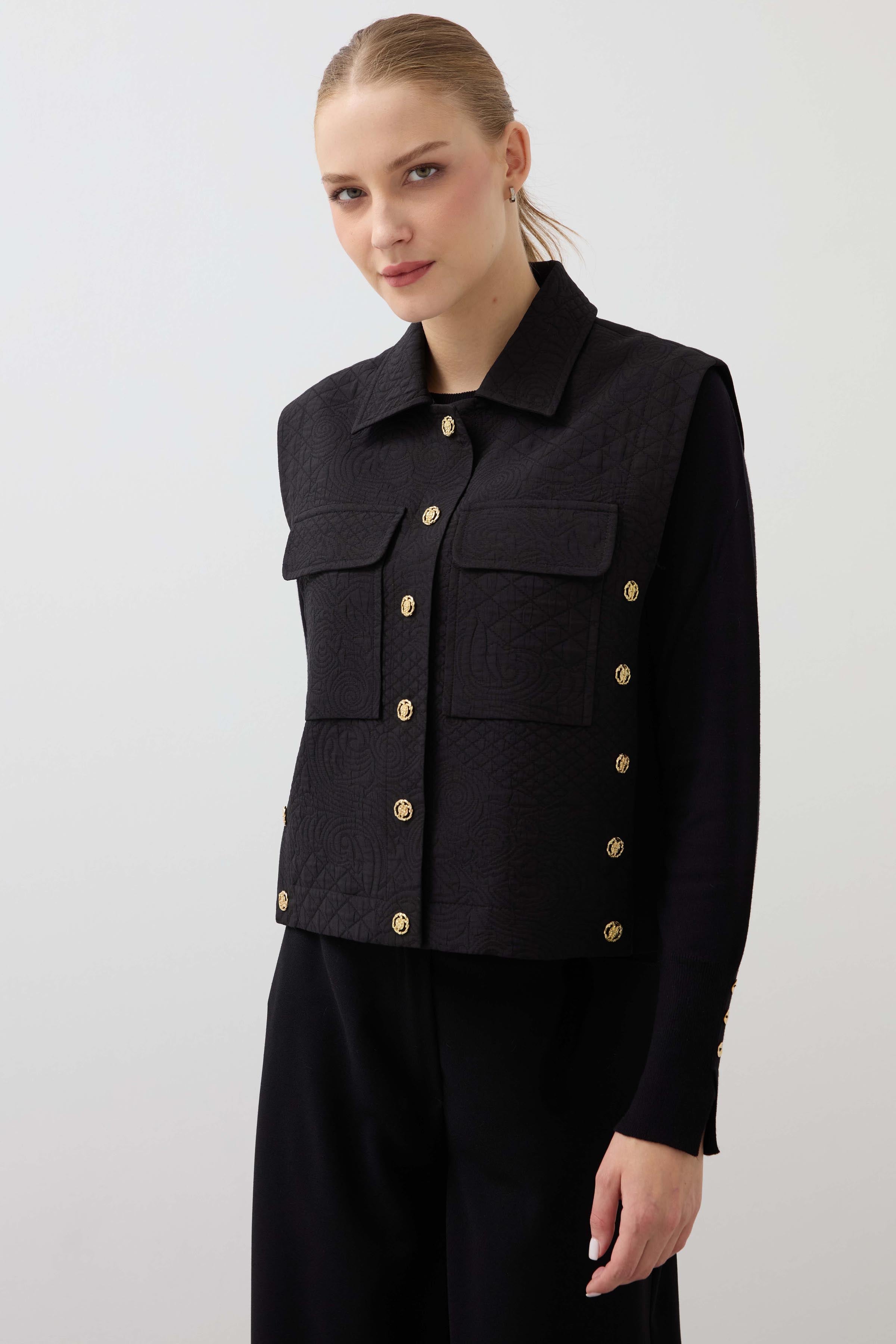 Quilted Button Detailed Vest - Black