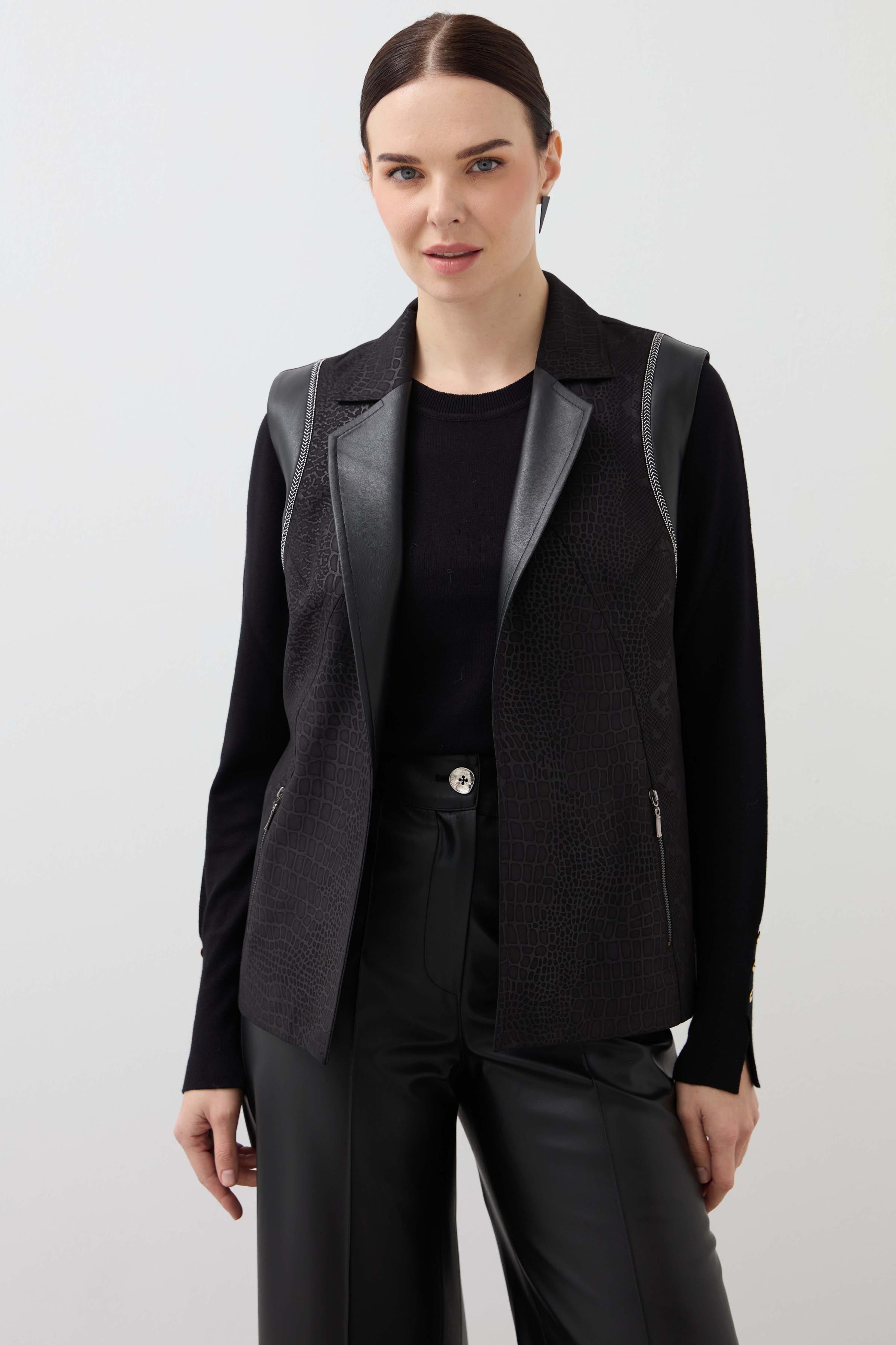 Leather Garnished Stoned Vest - Black