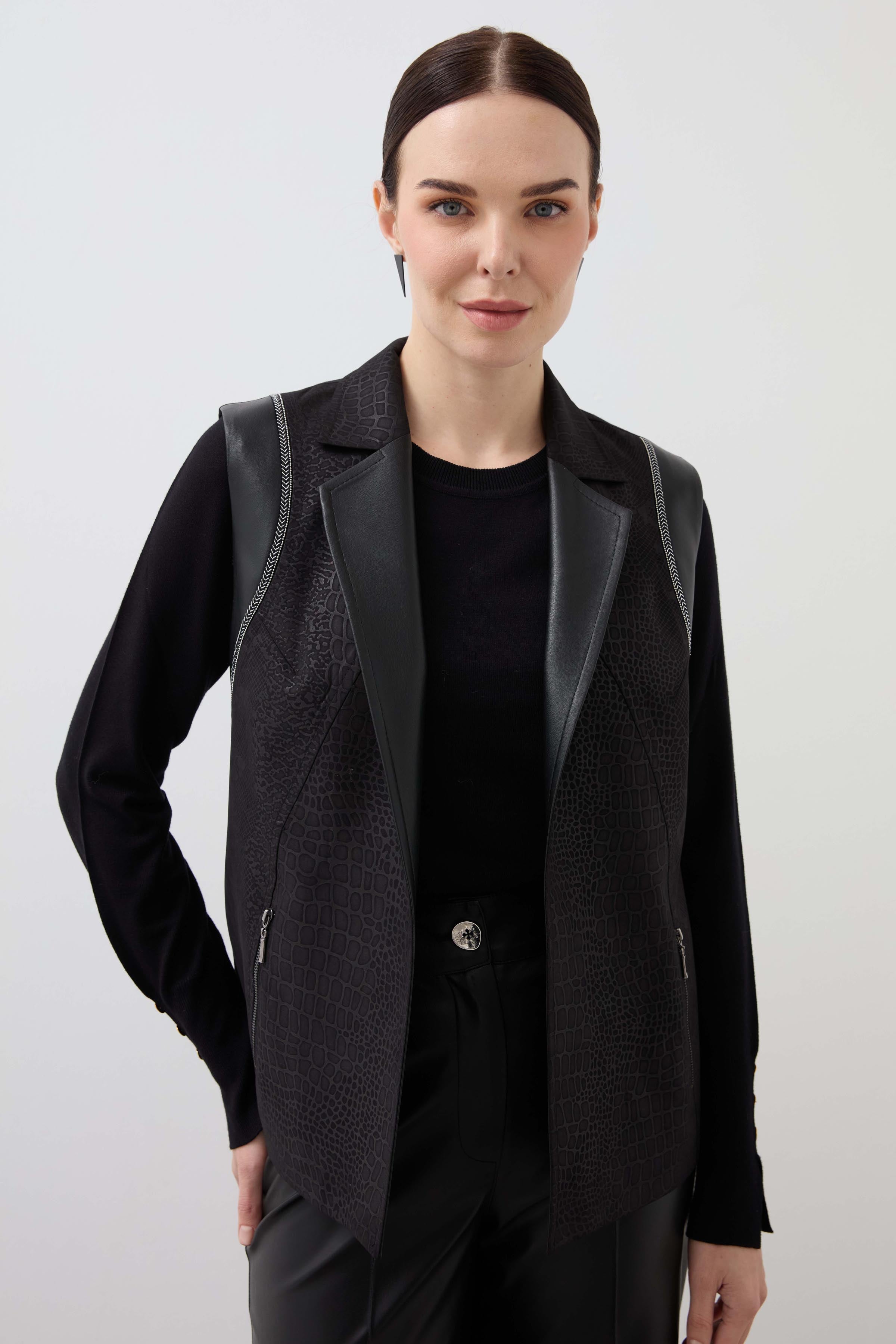 Leather Garnished Stoned Vest - Black